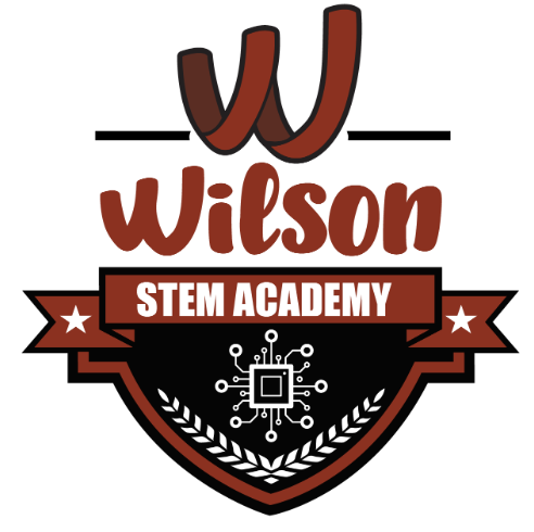 Wilson STEM Academy logo featuring a shield with a circuit chip, a banner, and stylized letters 'W' and 'Wilson' in red and black.
