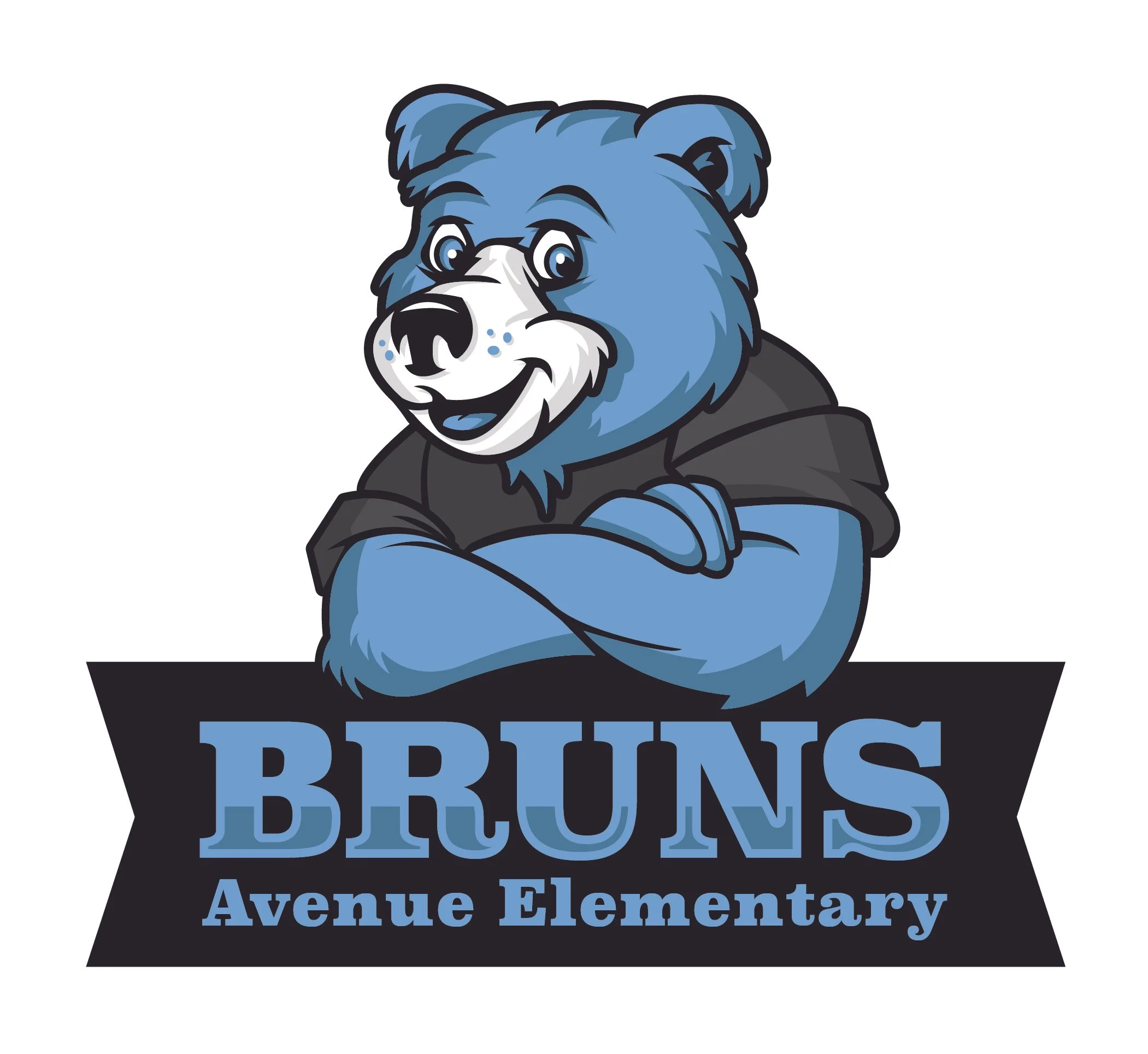 Cartoon blue bear mascot with arms crossed, smiling, wearing a black hoodie, above text reading "BRUNS" and "Avenue Elementary" in blue and black