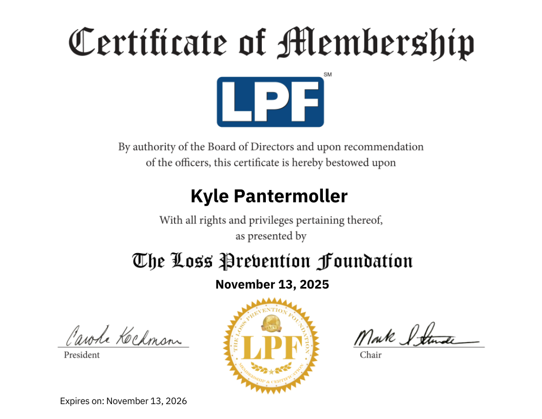 Certificate of Membership for retail loss prevention expert Kyle Pantermoller from The Loss Prevention Foundation, issued November 13, 2025.
