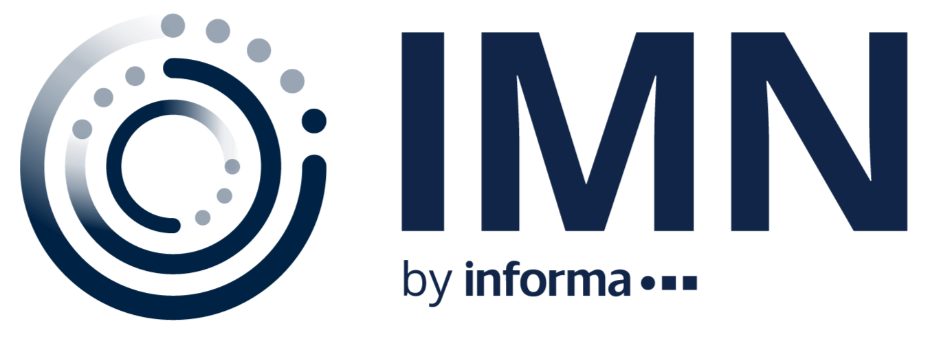 Logo with circular graphic design on the left and the text "IMN by informa" on the right in navy blue.