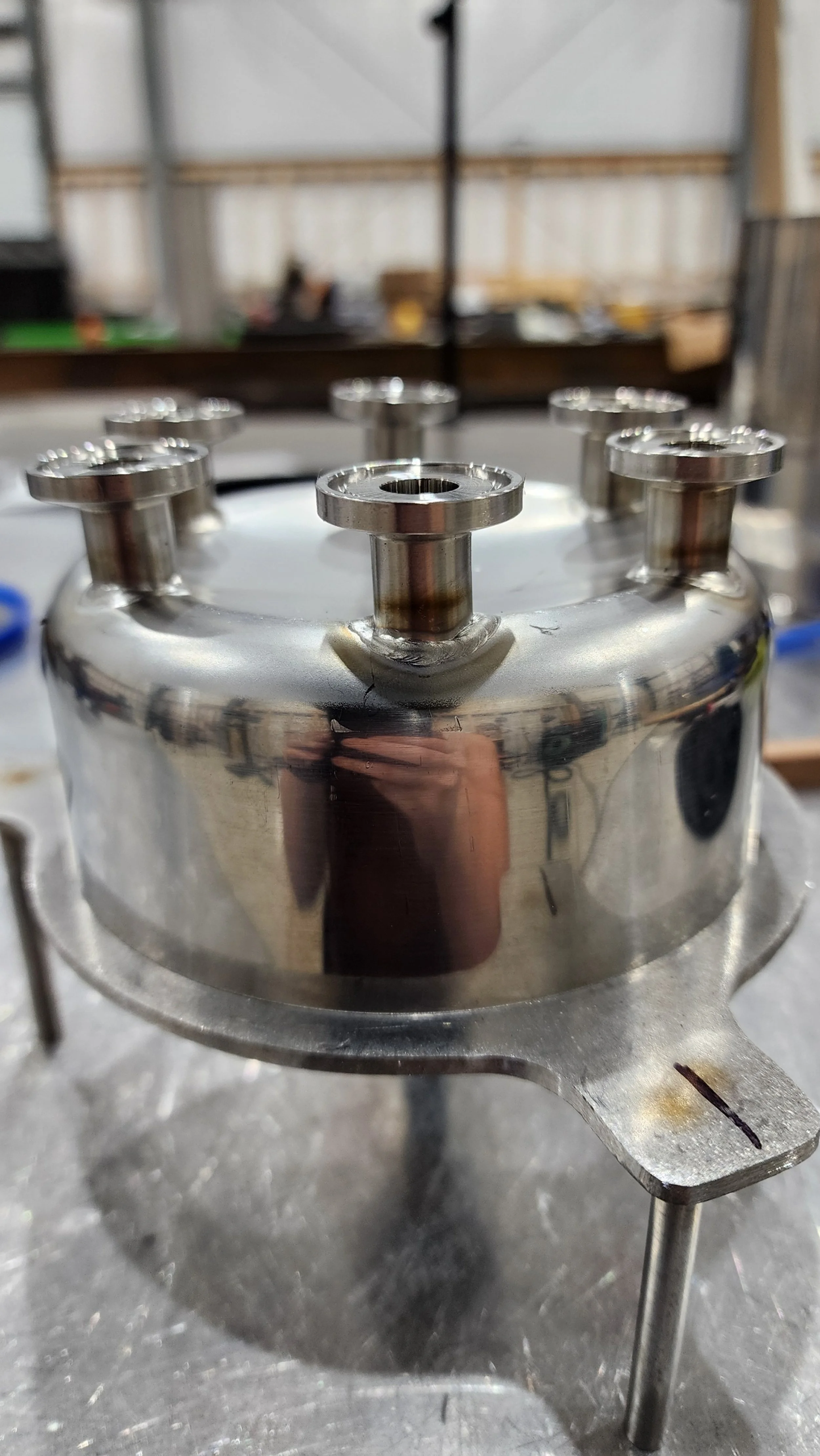 Custom prototype product distribution tank for a vial filling machine - Progress shot with 1/2" ferrule connections.