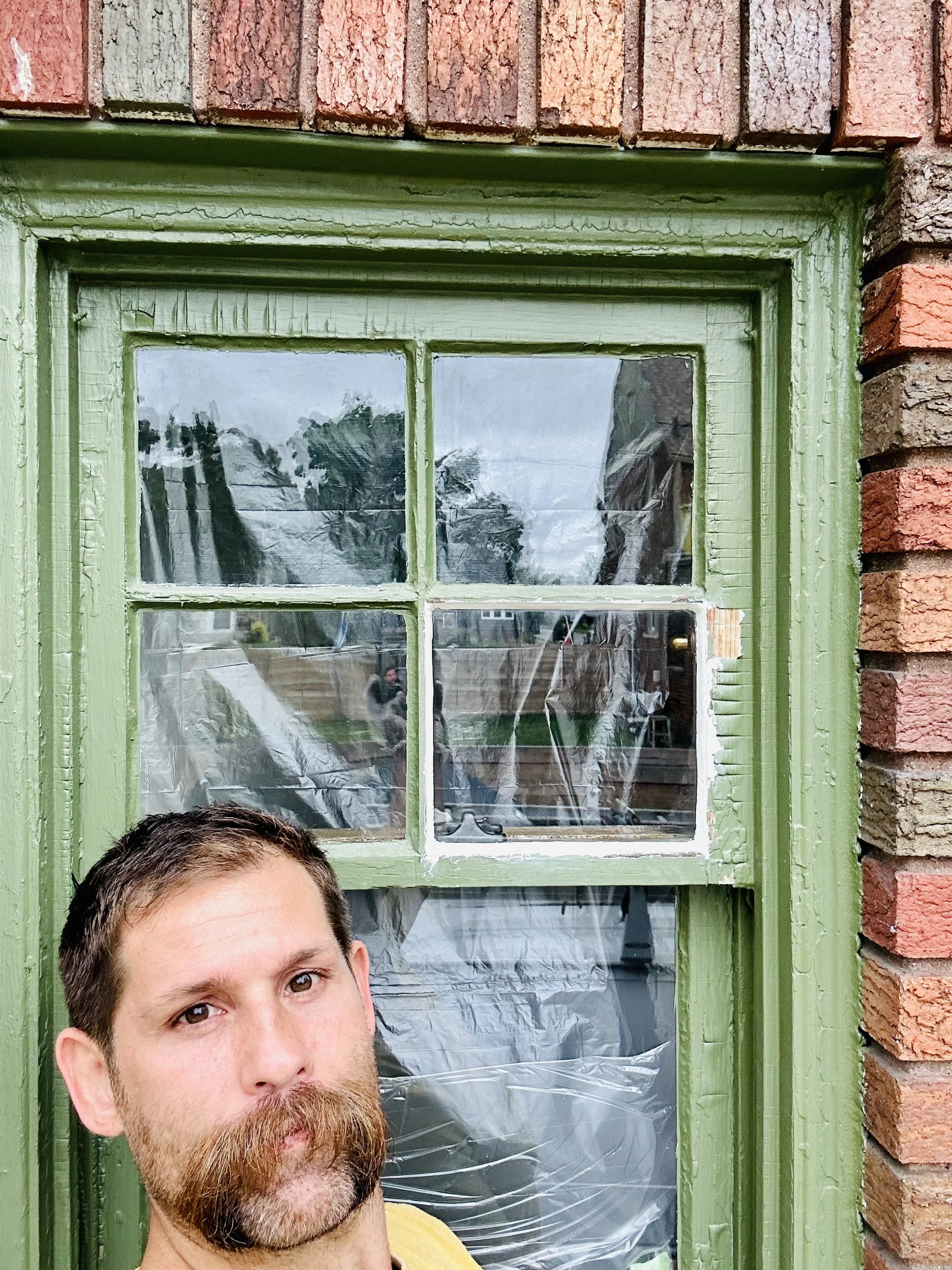 Close-up of a young man with brown hair and a beard in front of a green window with a brick wall to the right. The window is covered with plastic sheets, and plants are reflected on the glass.