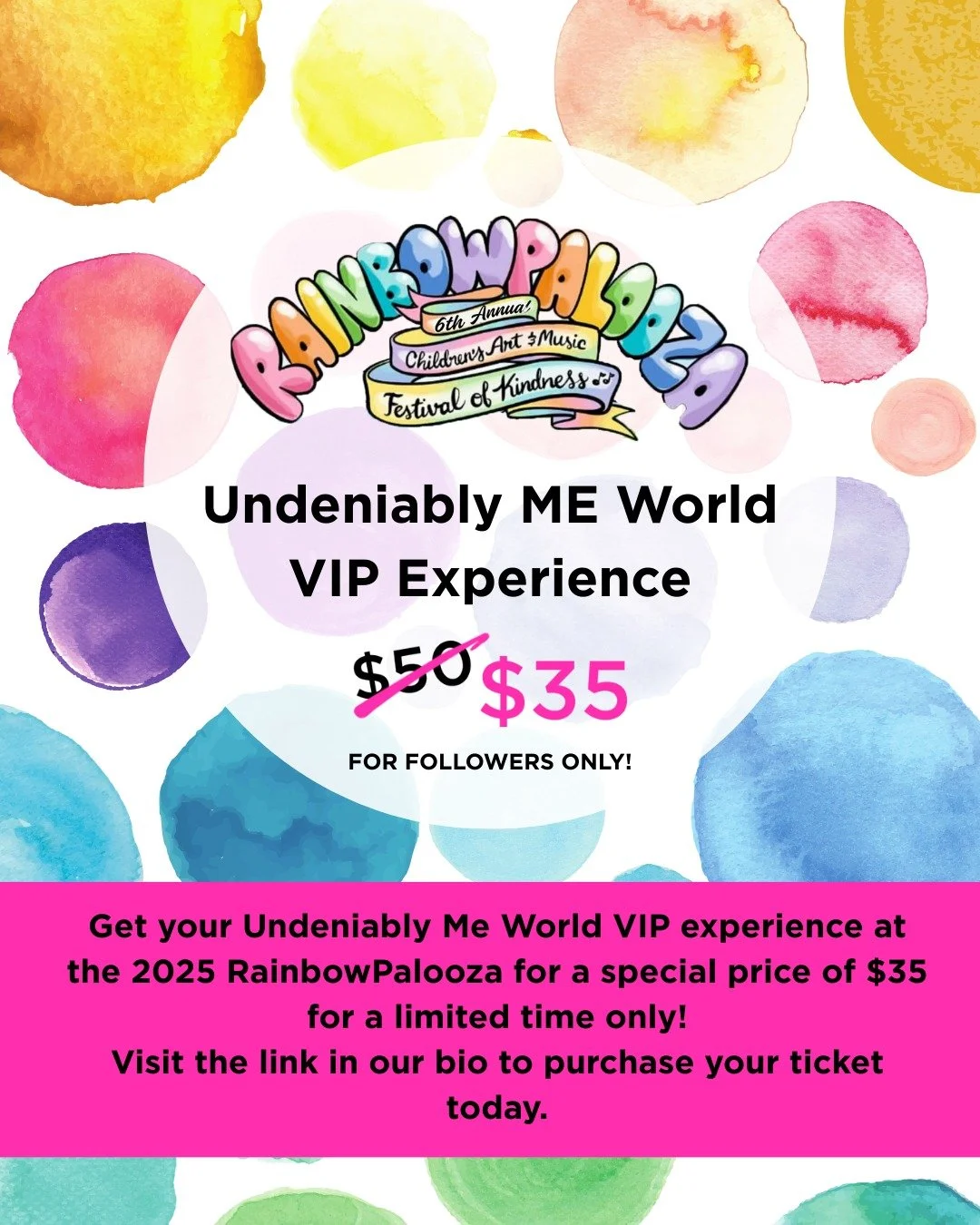 Exclusive VIP Offer! ✨🌈 For a limited time only, grab the Undeniably Me World VIP Experience at RainbowPalooza 2025 for just $35! 💖👑

🎟️ Includes dress-up &amp; glam, princess storytime, cookie decorating, runway coaching, a signed copy of Undeni