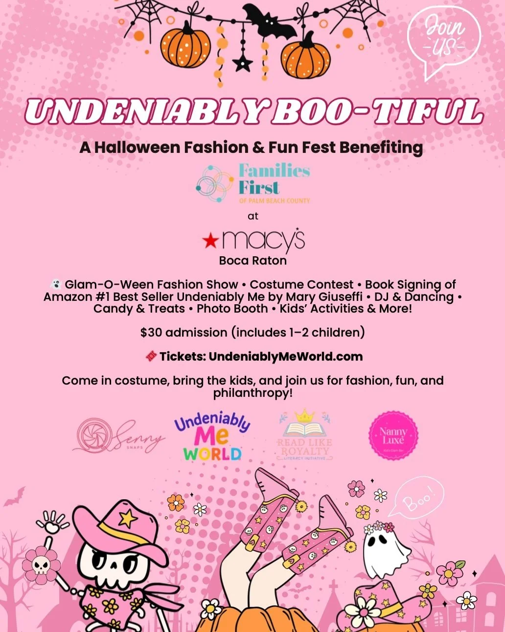 Join us for Undeniably Boo-tiful: A Halloween Fashion &amp; Fun Fest, benefitting Families First Palm Beach!

📅 Saturday, October 11th, 2025
🕐 1:00 &ndash; 4:00 PM
📍 Macy&rsquo;s Boca Raton

Goblins, ghouls, princesses &amp; pirates&mdash;come one