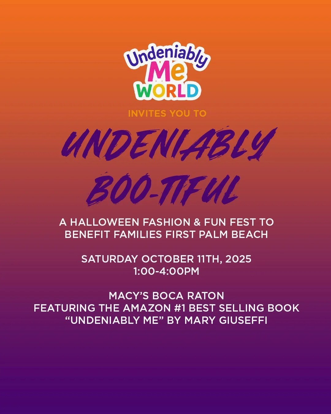 This Saturday: Undeniably Boo-tiful &ndash; A Halloween Fashion &amp; Fun Fest! 🎃 Celebrate Halloween in style while supporting Families First Palm Beach!

📅 Saturday, October 11th, 2025
🕐 1:00 &ndash; 4:00 PM
📍 Macy&rsquo;s Boca Raton

Goblins, 