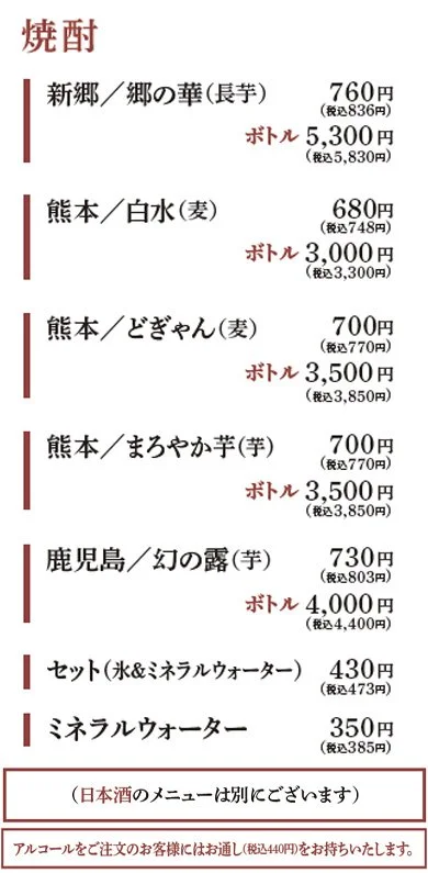 焼酎のメニュー表。新郷/郷の華(長芋)760円・熊本/白水(麦)680円・熊本/どぎゃん(麦)700円・熊本/まろやか芋(芋)700円・鹿児島/幻の露(芋)730円の各瓶料金とセット(水&ミネラルウォーター)430円・ミネラルウォーター350円。なお、日本酒のメニューは別です。アルコールを注文のお客様には税込440円の持ち帰り用もあります。