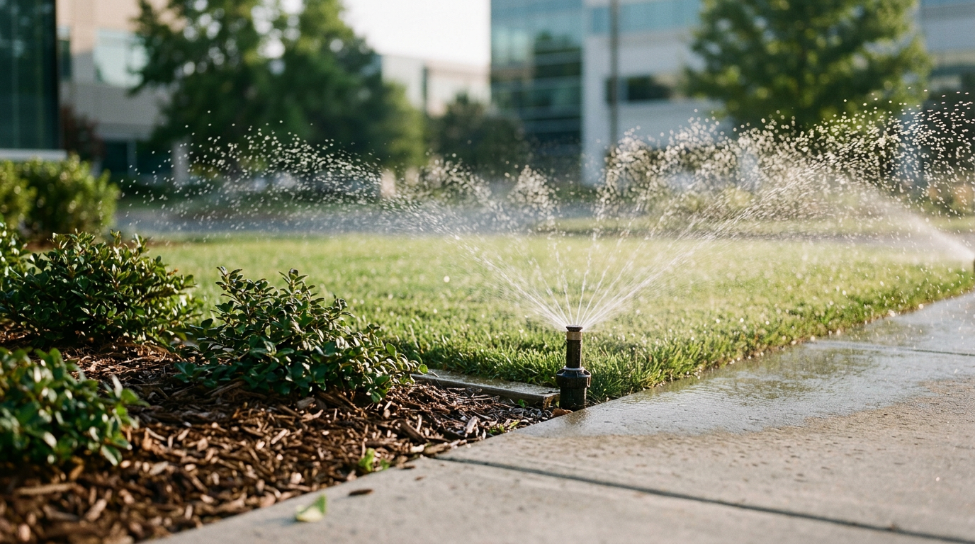 Irrigation sprinkler watering a commercial property lawn during scheduled landscape maintenance