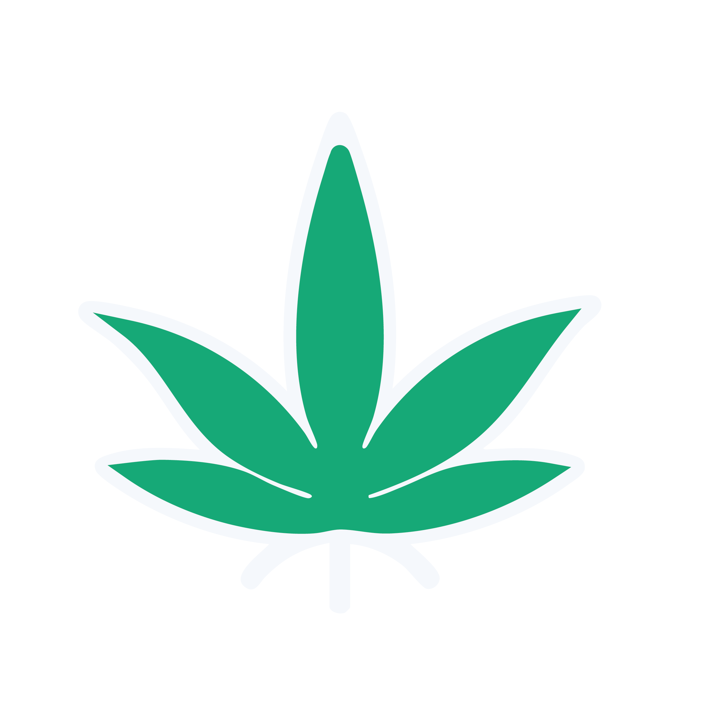 Illustration of a green marijuana leaf with five pointed leaflets, outlined in white.