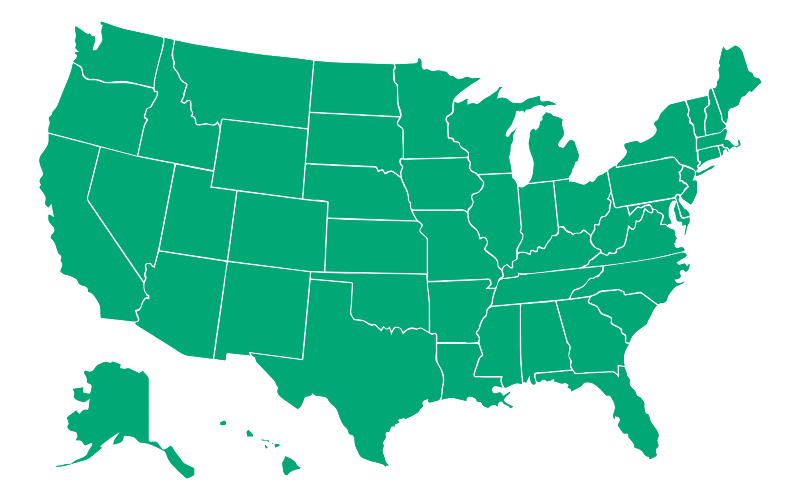 Map of the United States with all states highlighted in green.