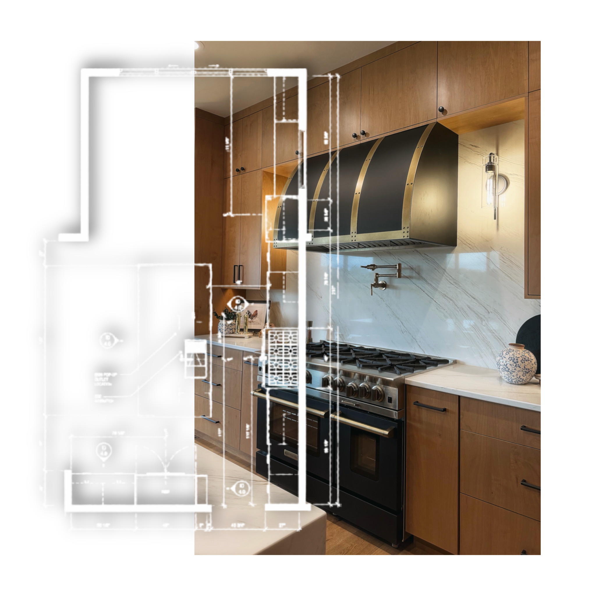 Modern kitchen with wooden cabinets, a stainless steel range, and a light-colored marble countertop.
