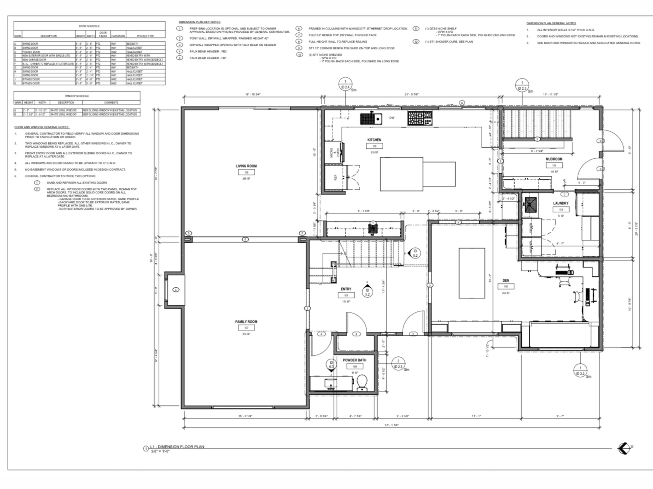 Architectural blueprint of a house floor plan including rooms such as the living room, kitchen, mudroom, laundry, family room, and powder bath. The plan outlines room dimensions, door and window placements, and construction notes.