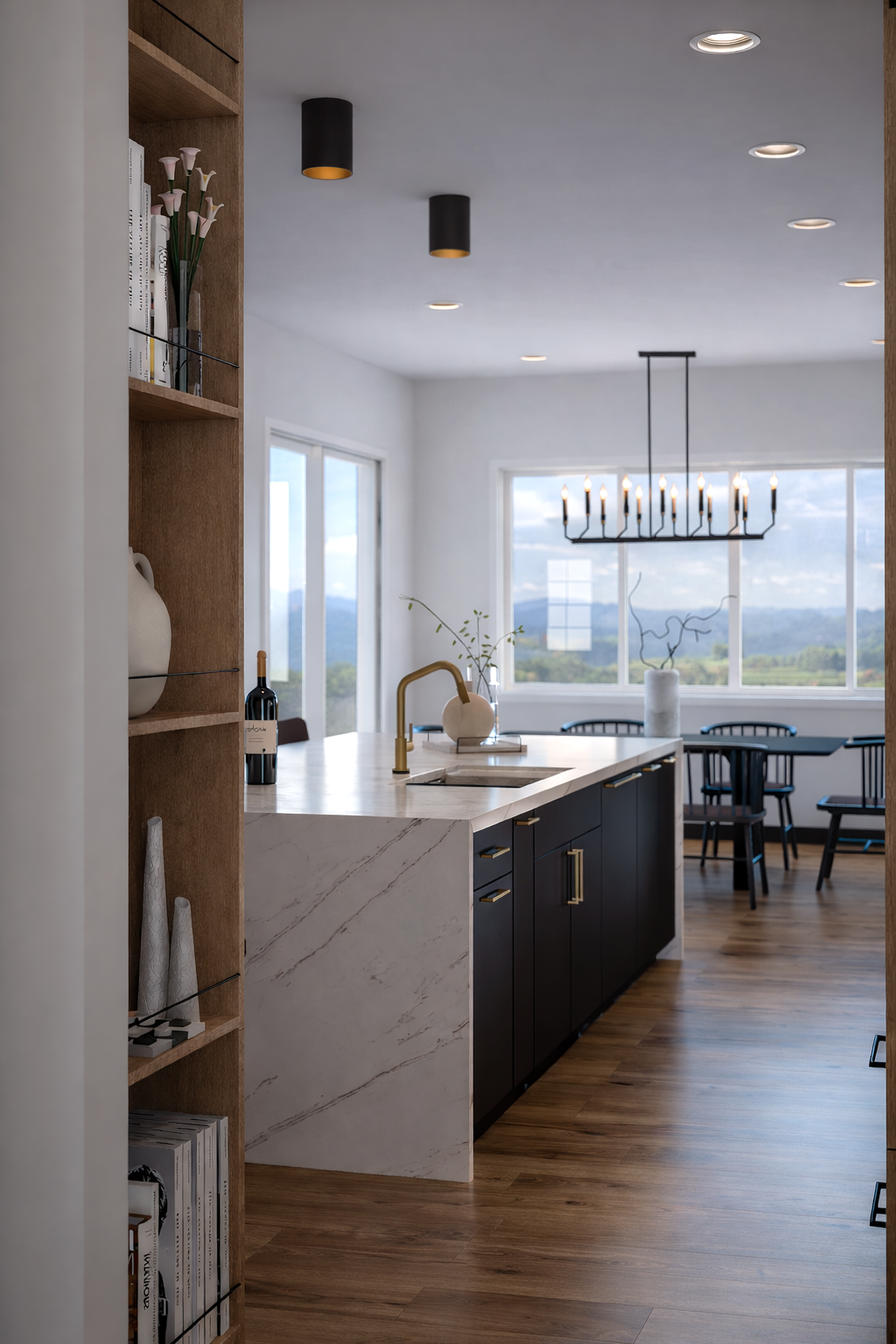MODERN KITCHEN, MAPLE CABINETS, BLACK CABINETS, TWO TONE KITCHEN, BUILT IN APPLIANCES, WATERFALL ISLAND
