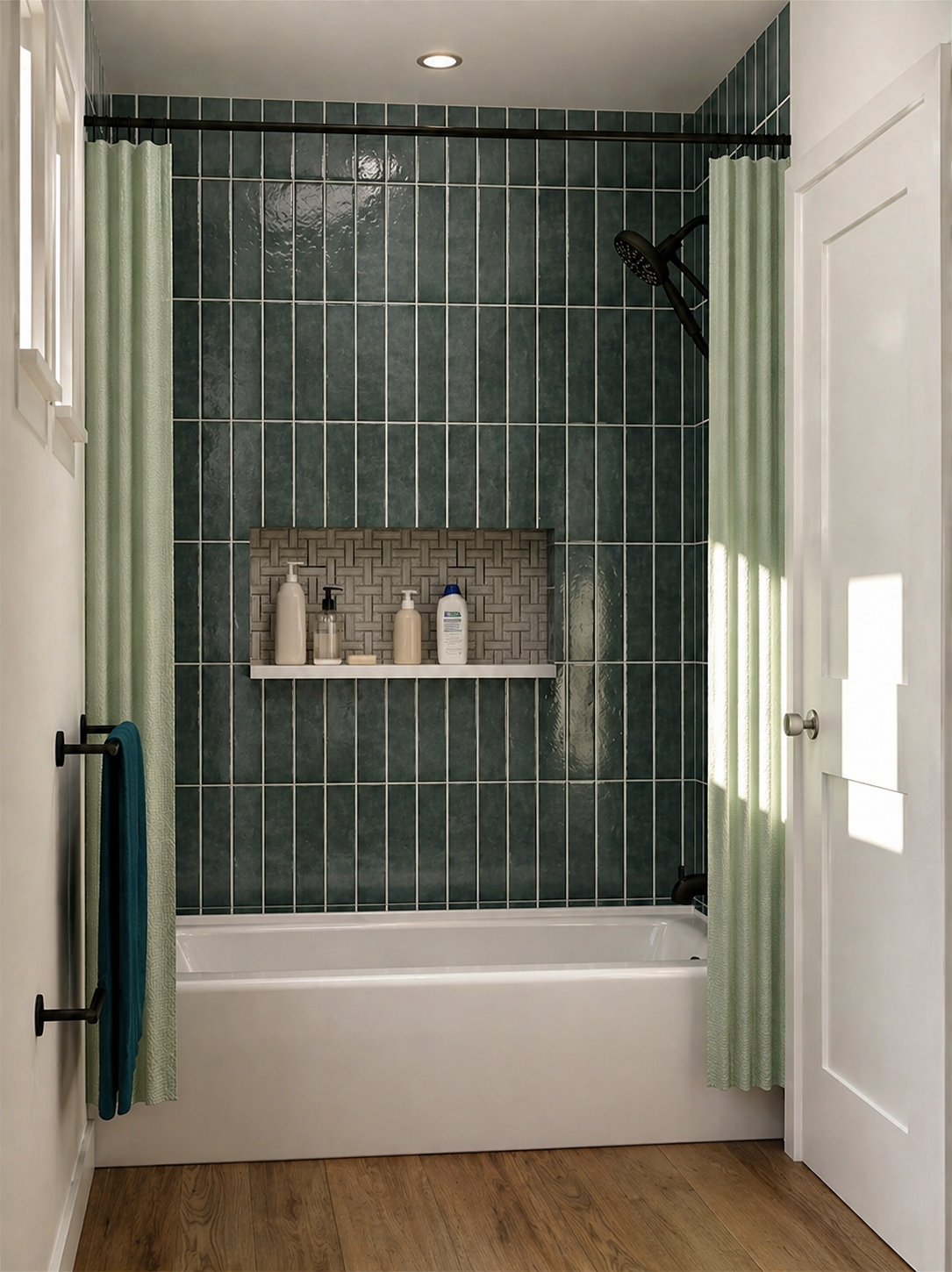 BLUE SHOWER, VERTICAL STACK TILE, BLUE AND GREEN INTERIOR
