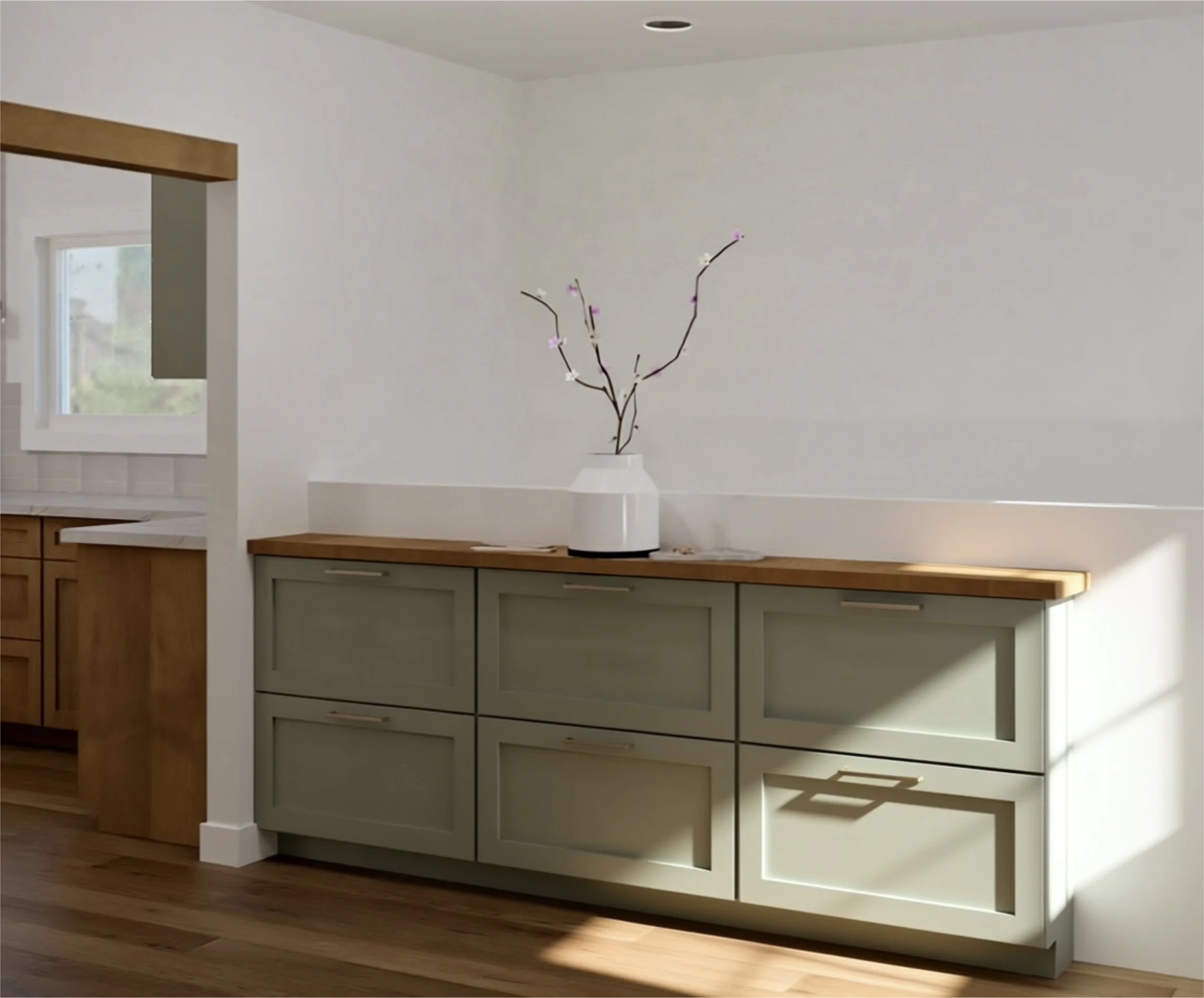 MUDROOM BUILT IN, SHOE STORAGE, EVERGREEN FOG PAINT