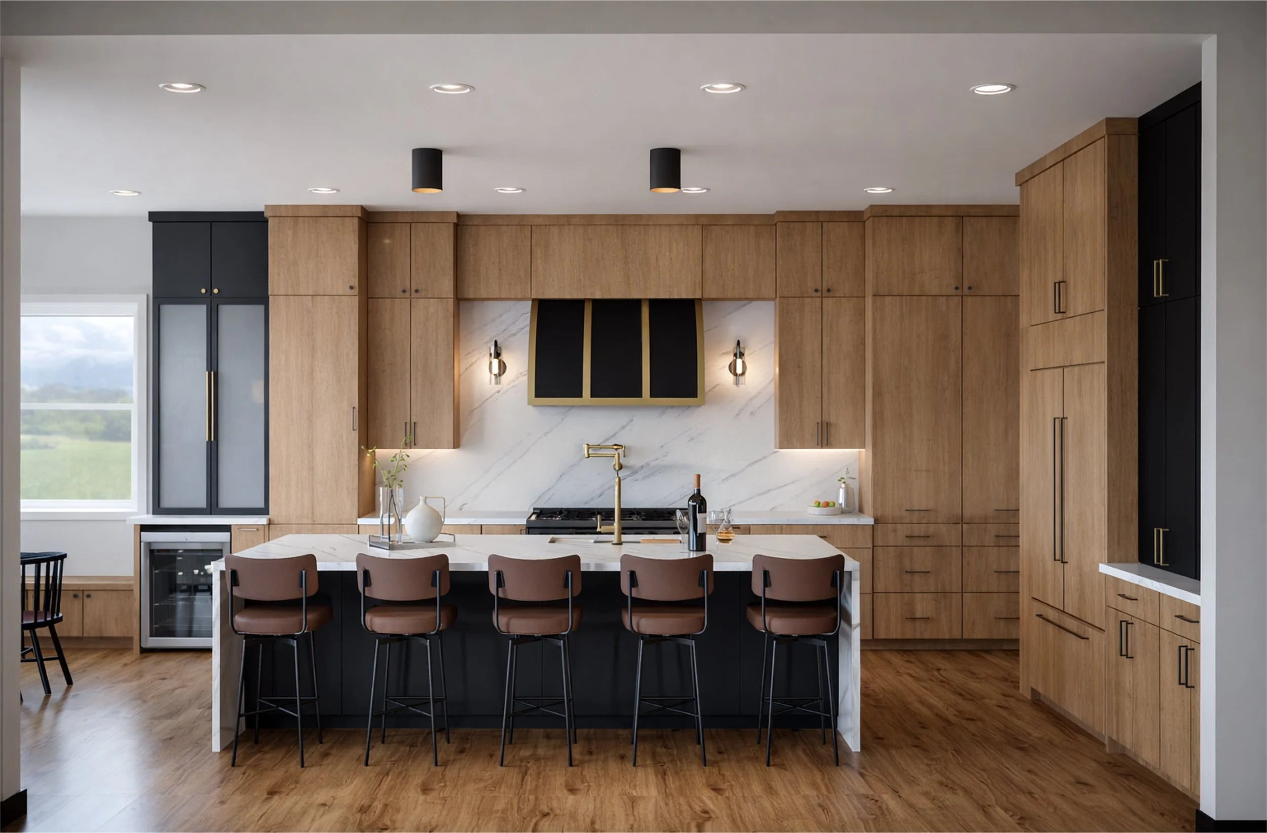 MODERN KITCHEN, MAPLE CABINETS, BLACK CABINETS, TWO TONE KITCHEN, BUILT IN APPLIANCES, WATERFALL ISLAND