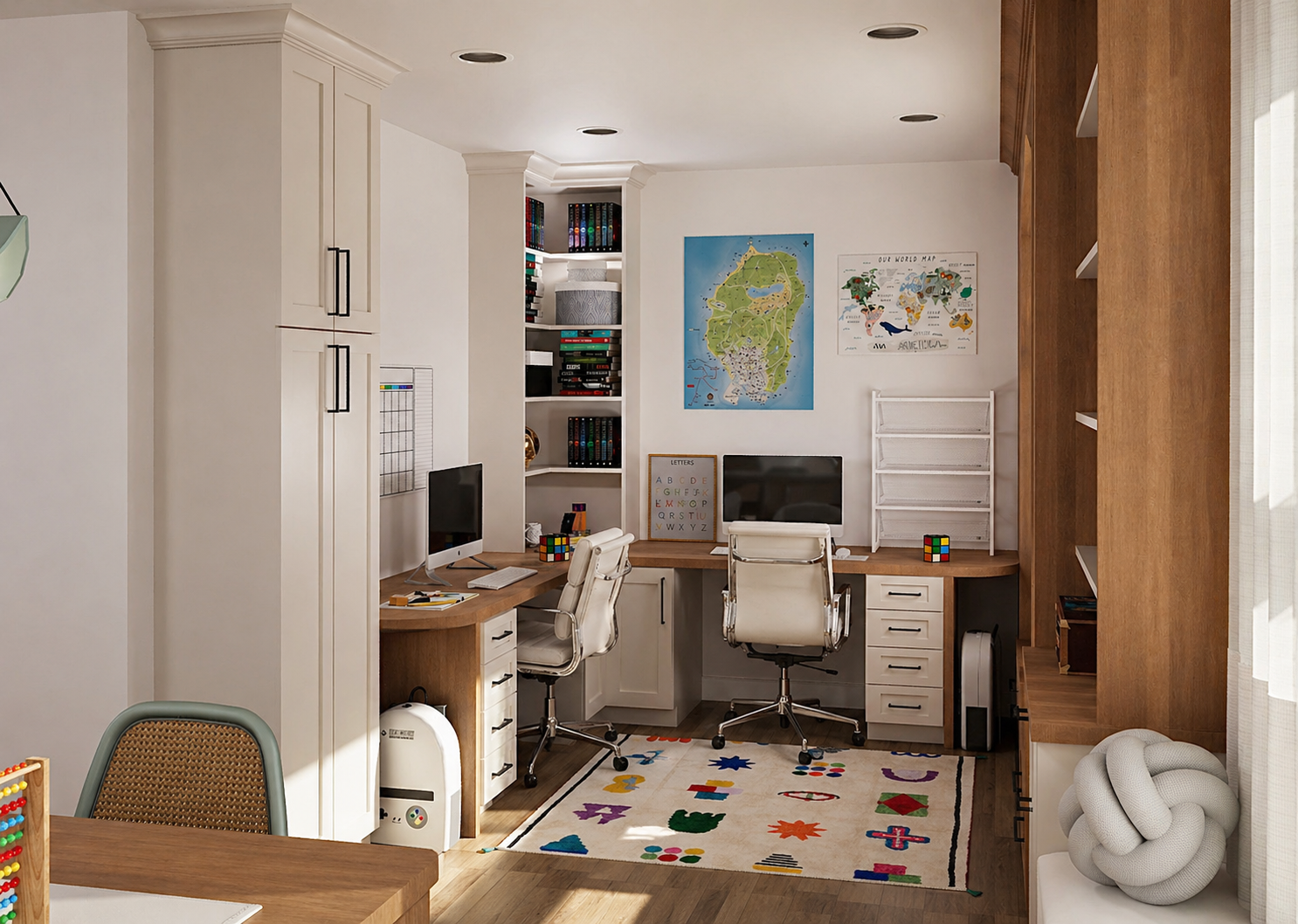 STUDY, DEN, HOMESCHOOL ROOM, CUSTOM CABINETRY, BUILT IN DAYBED, PLAYFUL WALLPAPER