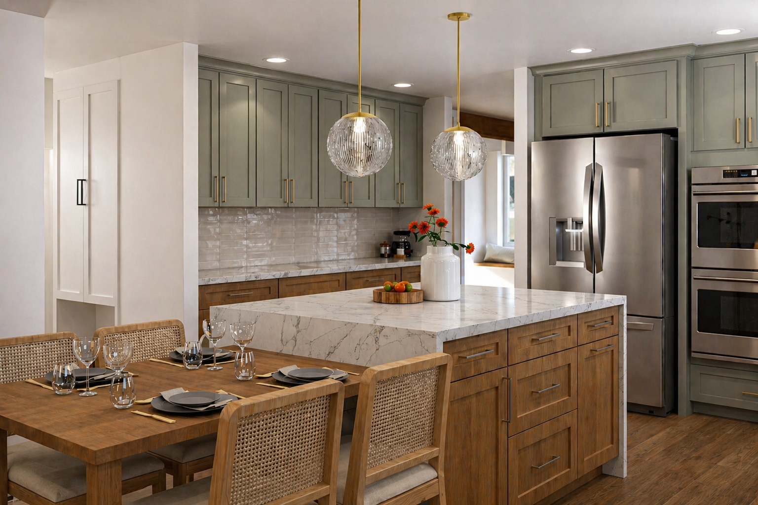 KITCHEN, FARMHOUSE KITCHEN, EVERGREEN FOG CABINETS, MAPLE CABINETS, WATERFALL ISLAND