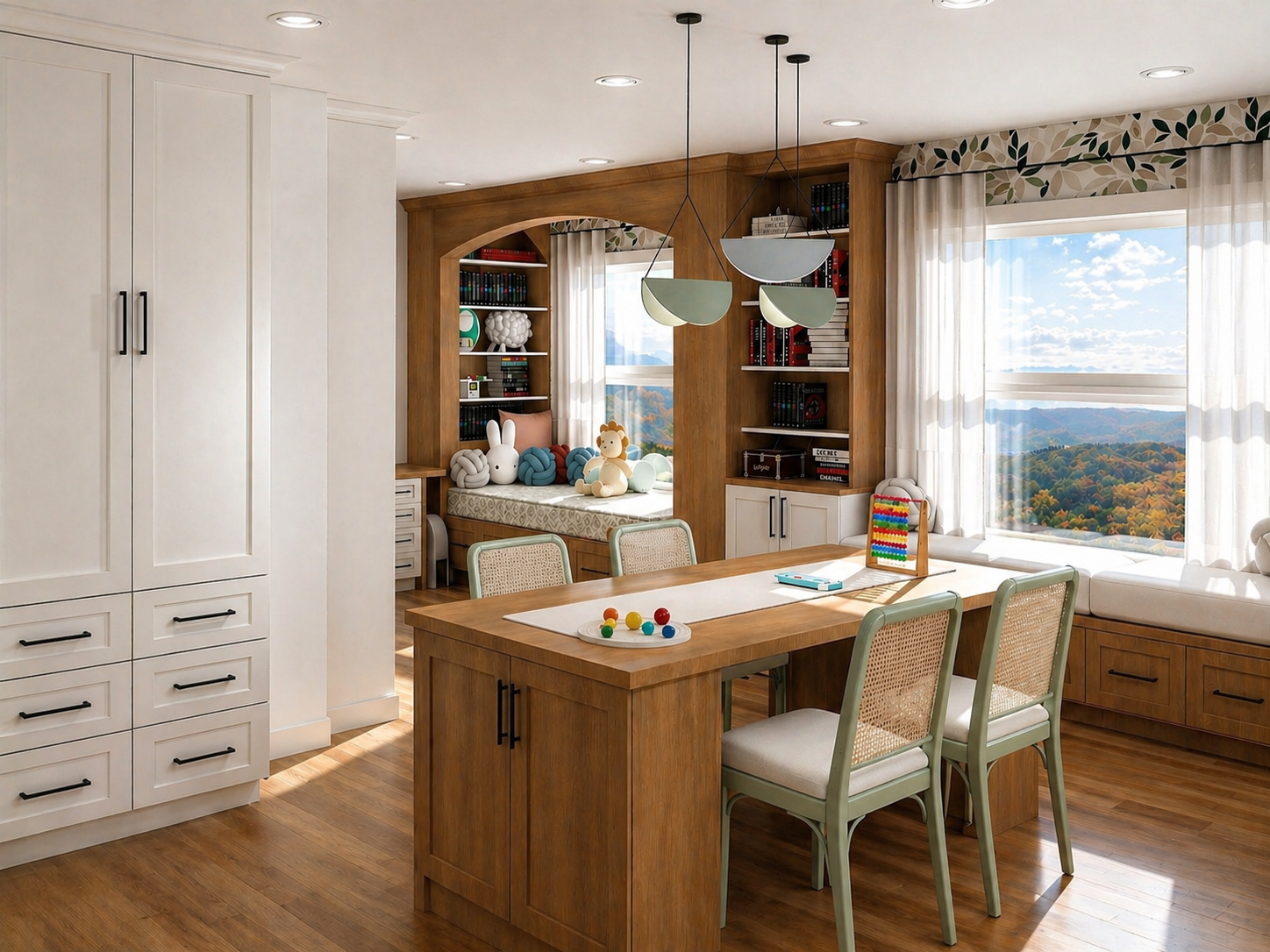 STUDY, DEN, HOMESCHOOL ROOM, CUSTOM CABINETRY, BUILT IN DAYBED, PLAYFUL WALLPAPER