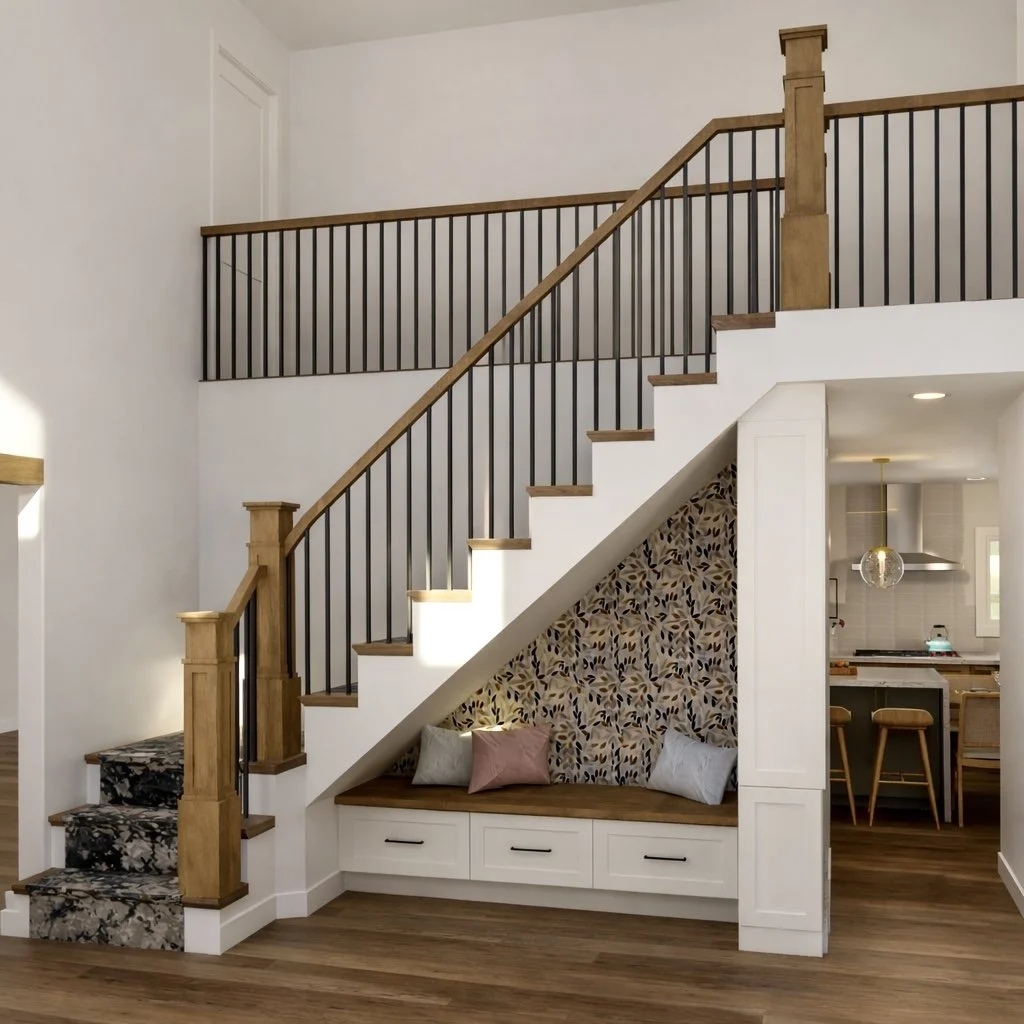 ENTRY WAY, STAIR, CARPET STAIR RUNNER, WALLPAPER, CUSTOM STAIR BENCH