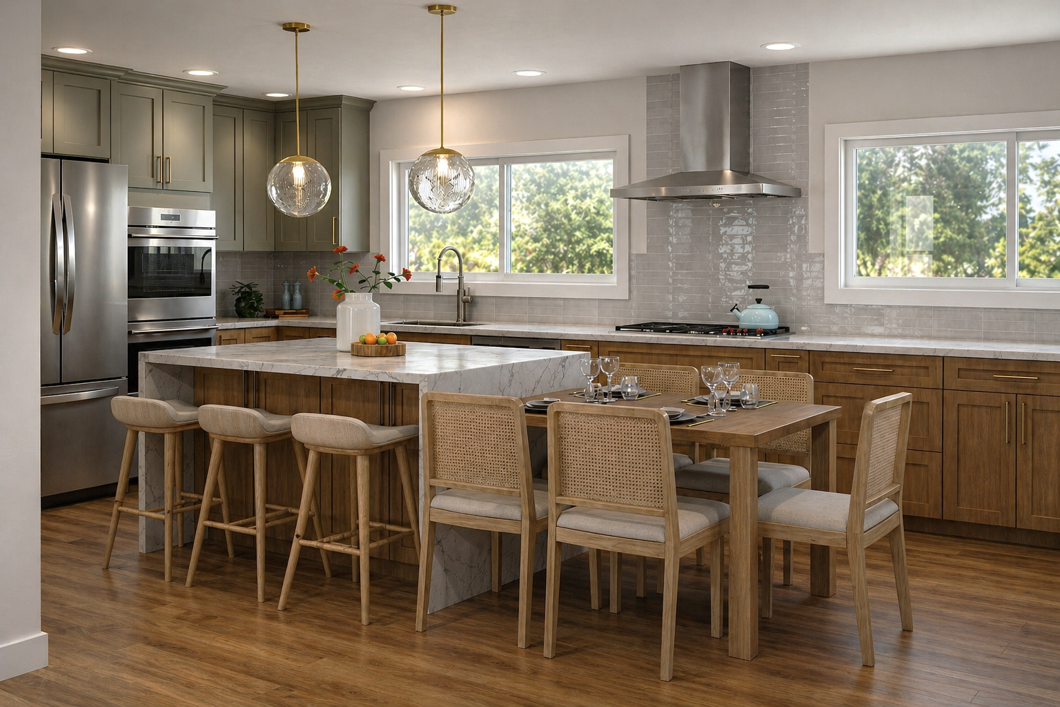 KITCHEN, FARMHOUSE KITCHEN, EVERGREEN FOG CABINETS, MAPLE CABINETS, WATERFALL ISLAND
