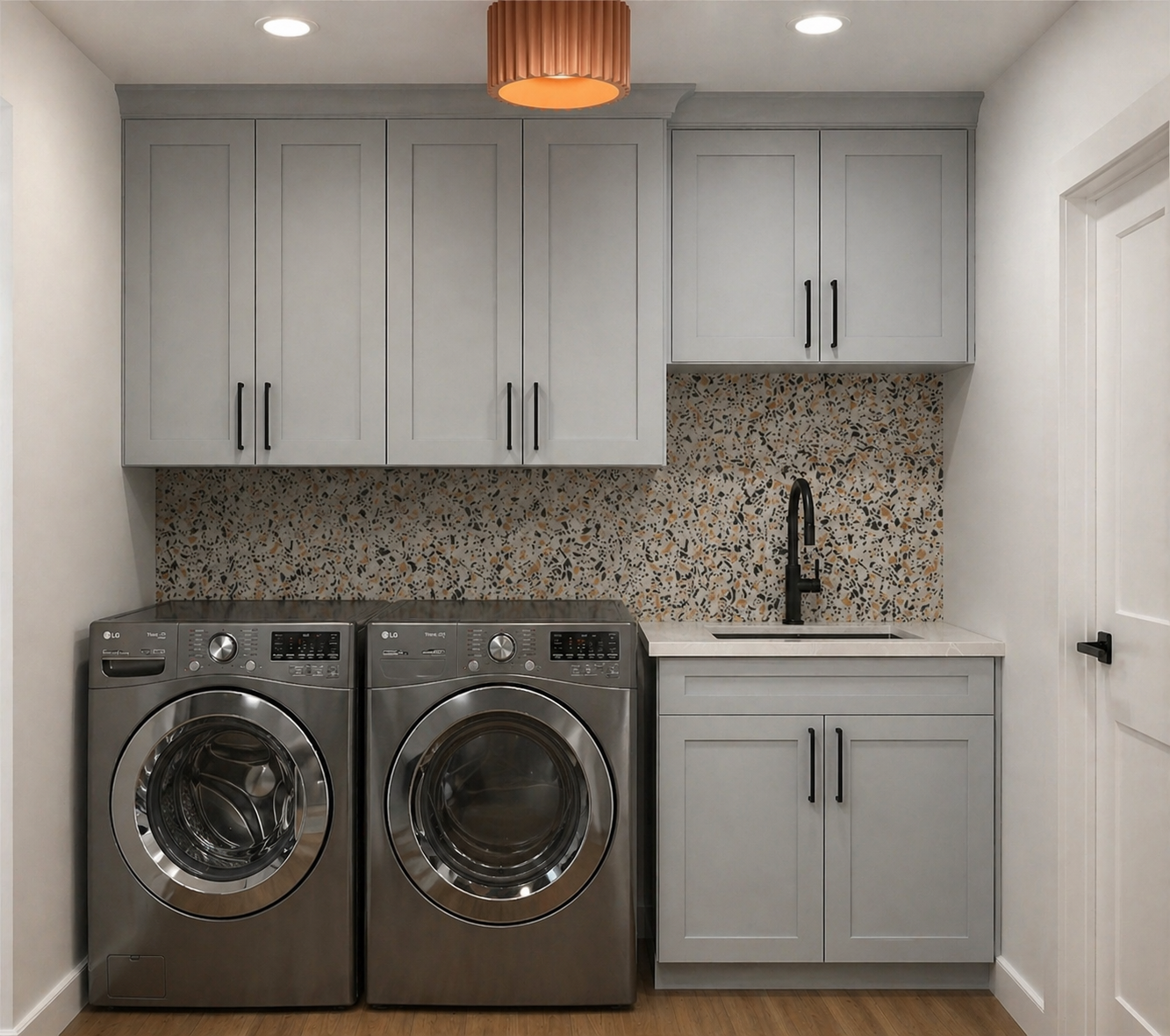 TERRAZO TILE, LAUNDRY ROOM, DUSTY BLUE CABINETRY