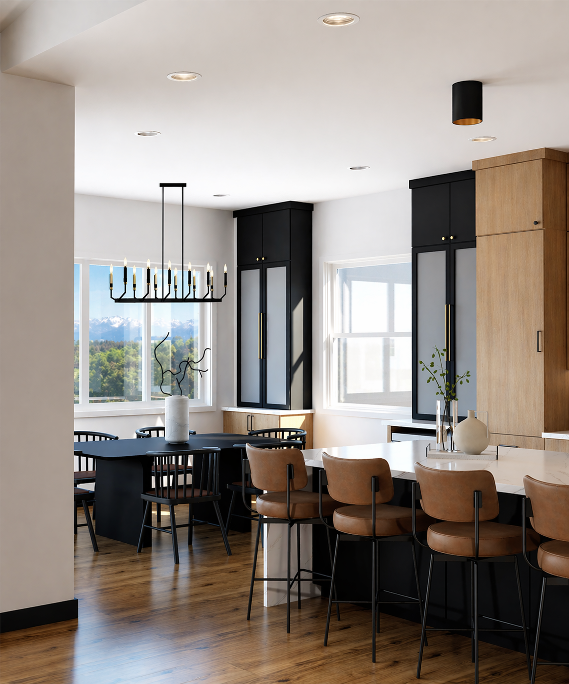 MODERN KITCHEN, MAPLE CABINETS, BLACK CABINETS, TWO TONE KITCHEN, BUILT IN APPLIANCES, WATERFALL ISLAND, DINING ROOM BUILT INS