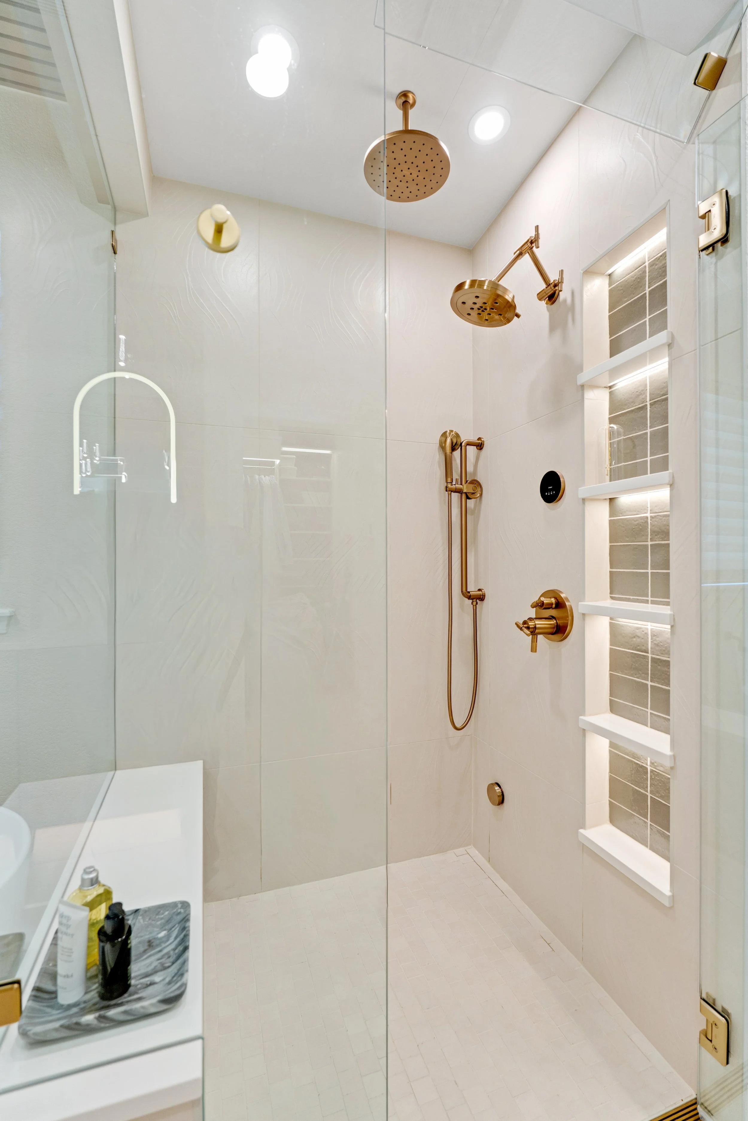 PRIMARY BATHROOM SHOWER, LIT SHOWER NICHE, BRIZO LITZE