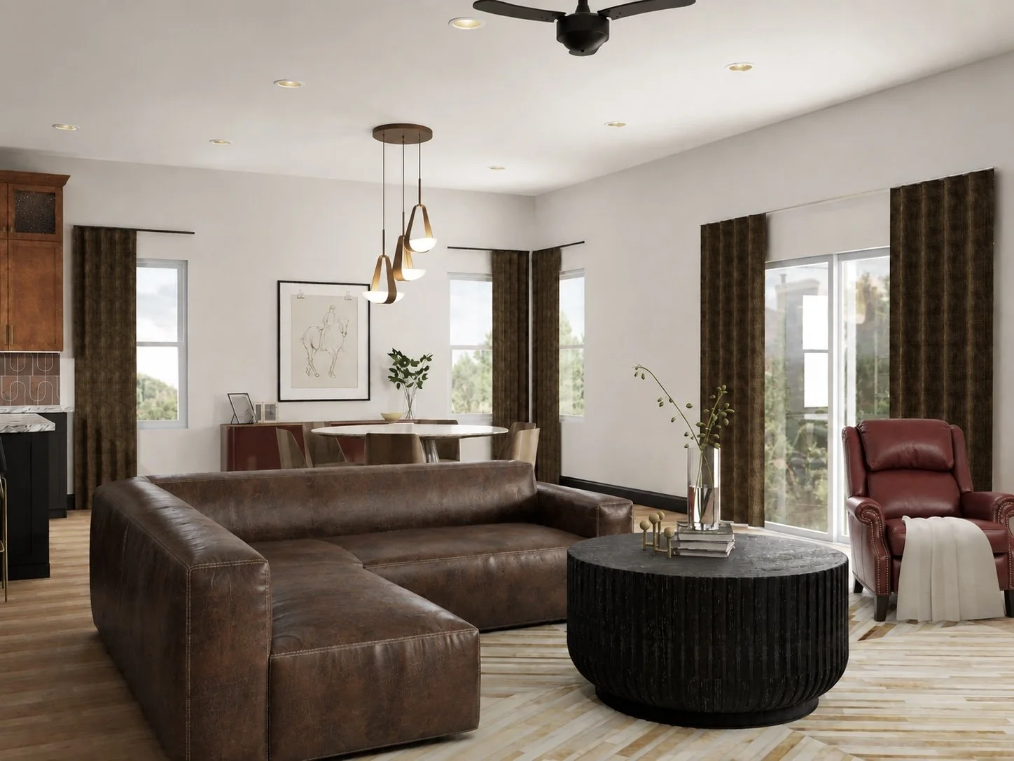Living room with a brown leather sectional sofa, a black round coffee table with items on it, a red armchair with a white throw blanket, a round dining table with chairs, large windows with dark curtains, and a modern light fixture hanging from the ceiling.