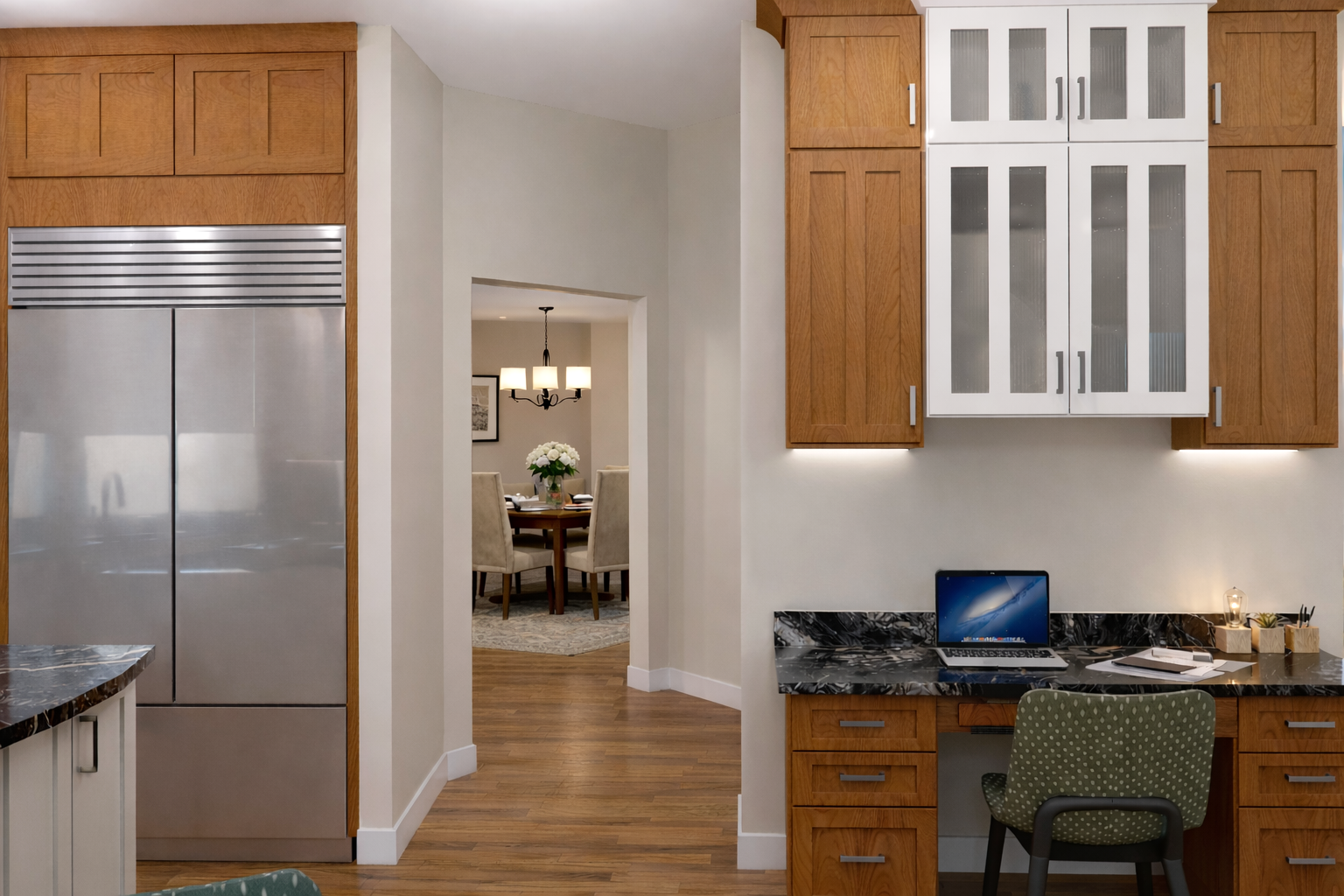 CRAFTSMAN STYLE, TWO TONE KITCHEN, BLACK QUARTZITE, STAR AND CROSS TILE, CHERRY CABINETS