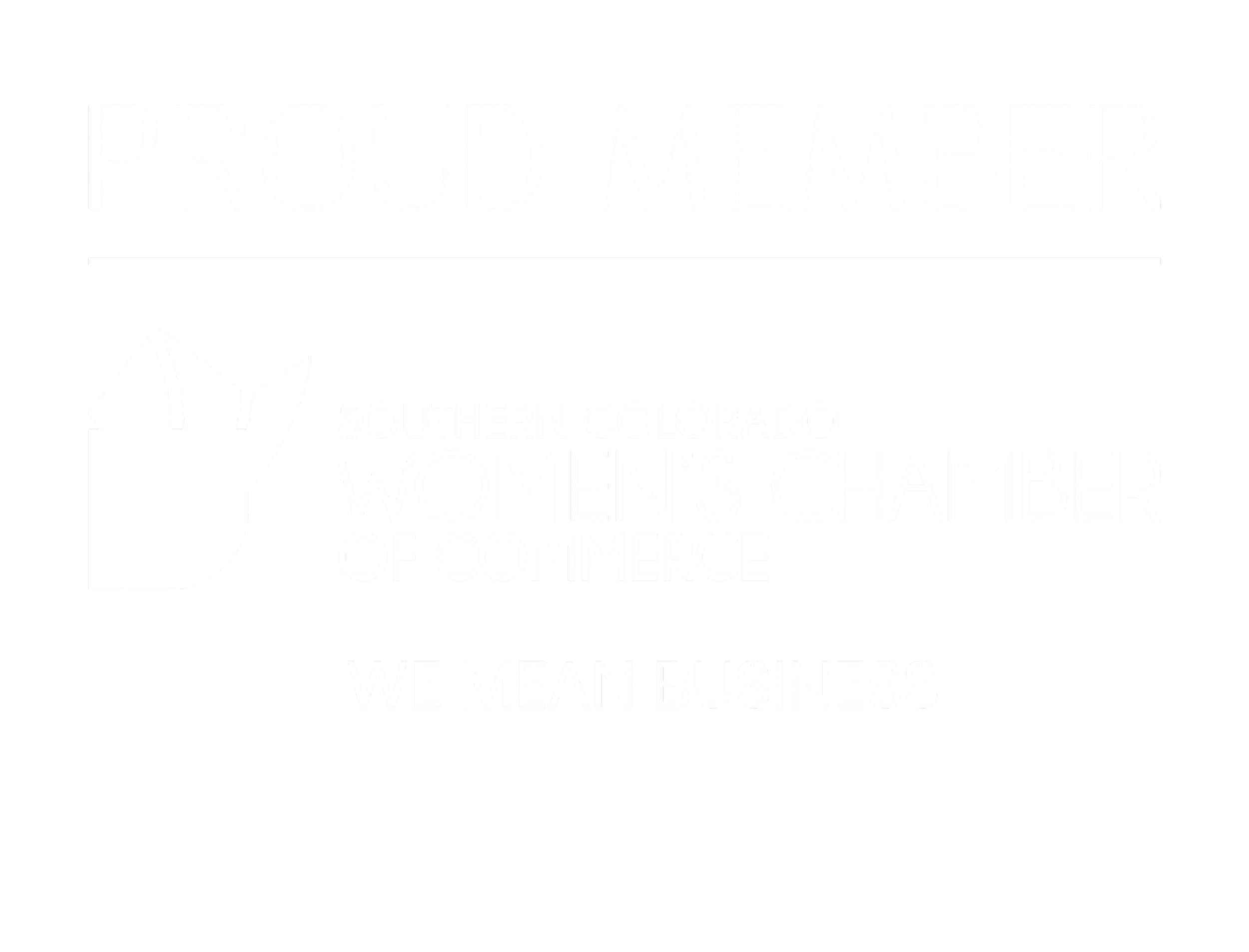 Black background with white text that says "Proud Member" and "Southern Colorado Women's Chamber of Commerce" with a white raised fist icon.