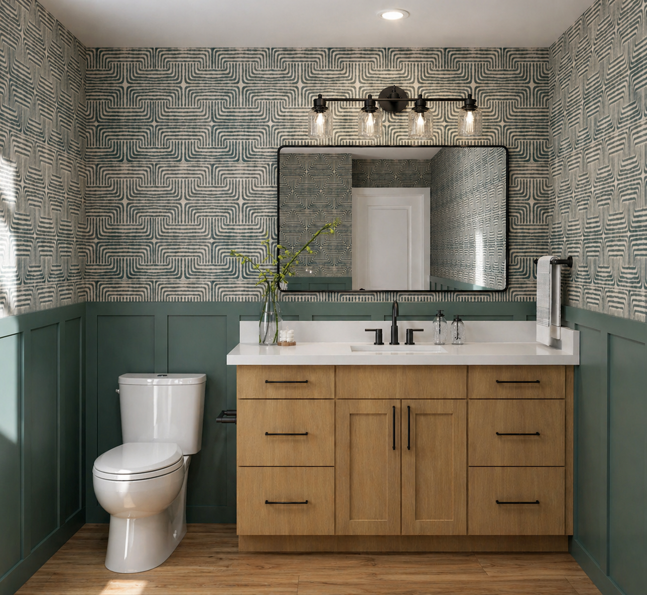 POWDER BATHROOM, WAINSCOT ACCENT, DECORATIVE WALLPAPER, MAPLE CABINETRY