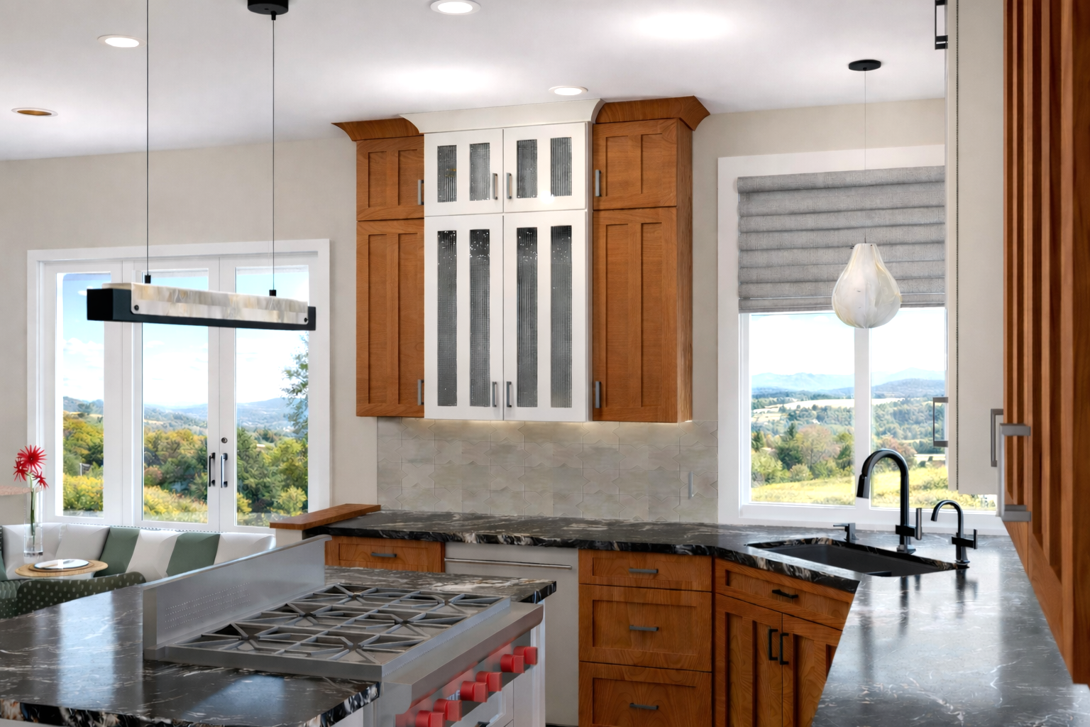 CRAFTSMAN STYLE, TWO TONE KITCHEN, BLACK QUARTZITE, STAR AND CROSS TILE, CHERRY CABINETS