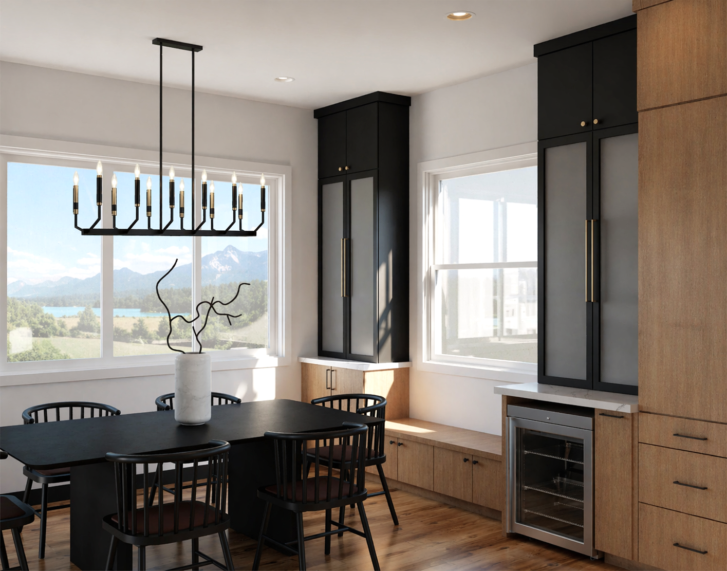 MODERN KITCHEN, MAPLE CABINETS, BLACK CABINETS, TWO TONE KITCHEN, DINING ROOM BUILT IN
