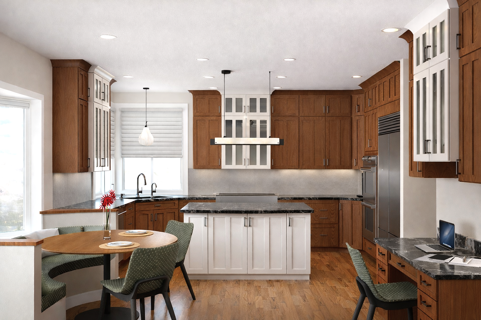 CRAFTSMAN STYLE, TWO TONE KITCHEN, BLACK QUARTZITE, STAR AND CROSS TILE, CHERRY CABINETS