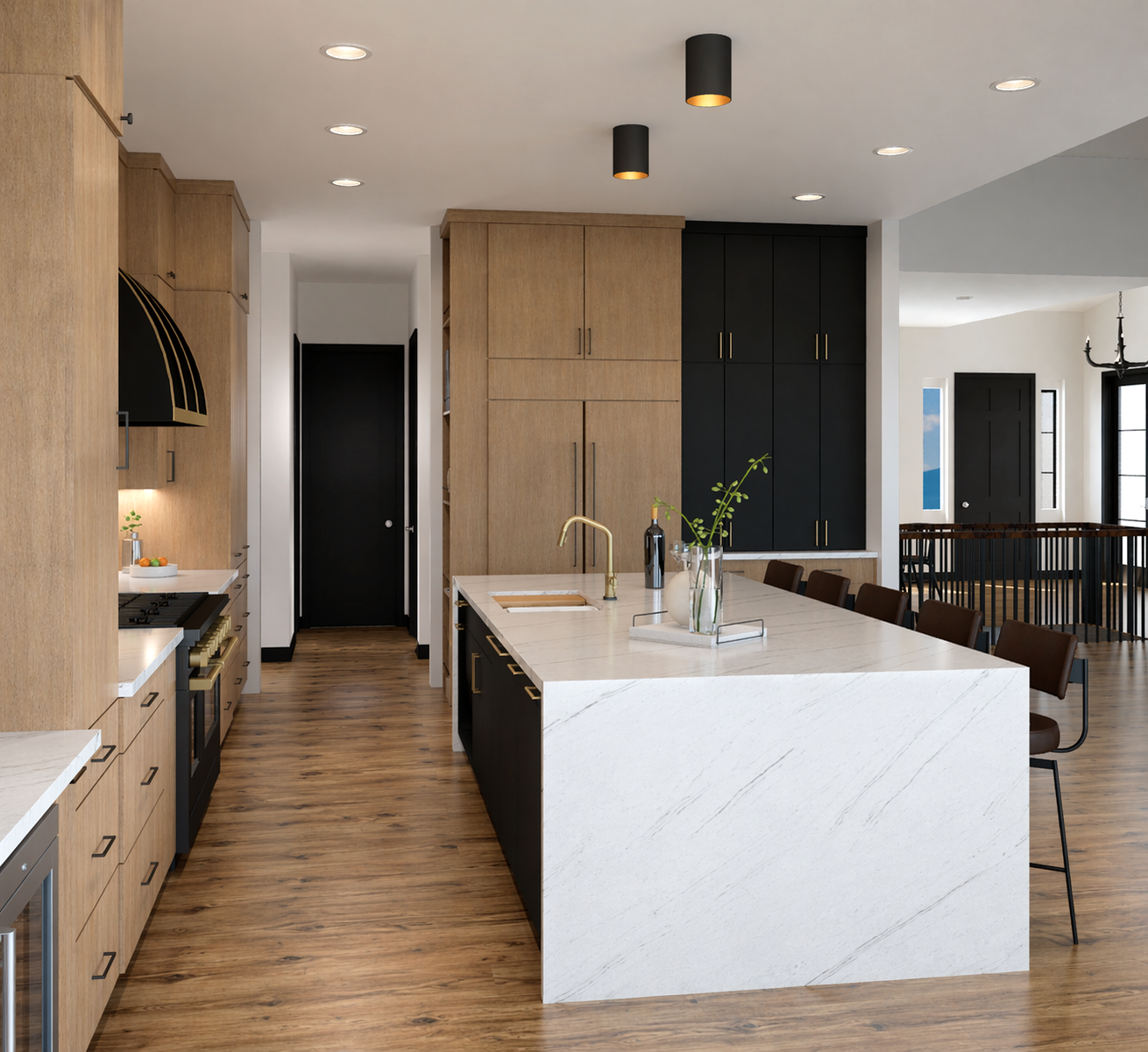 MODERN KITCHEN, MAPLE CABINETS, BLACK CABINETS, TWO TONE KITCHEN, BUILT IN APPLIANCES, WATERFALL ISLAND