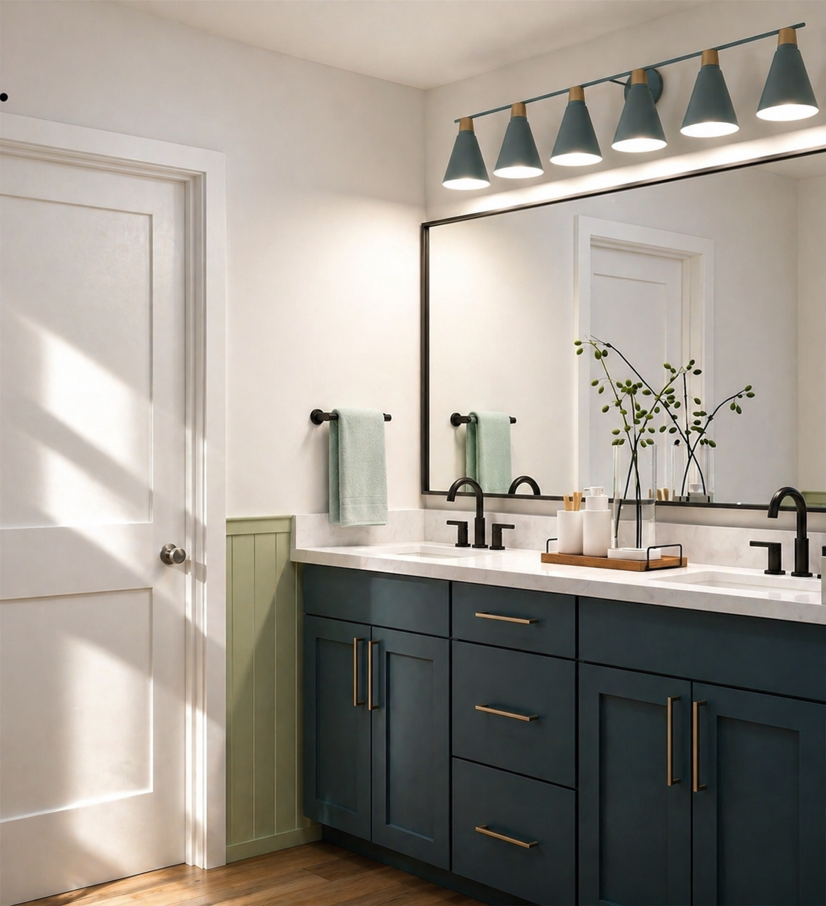 HALL BATHROOM, CONTRAST INTERIOR, BLUE CABINETRY, GREEEN WAINSCOT