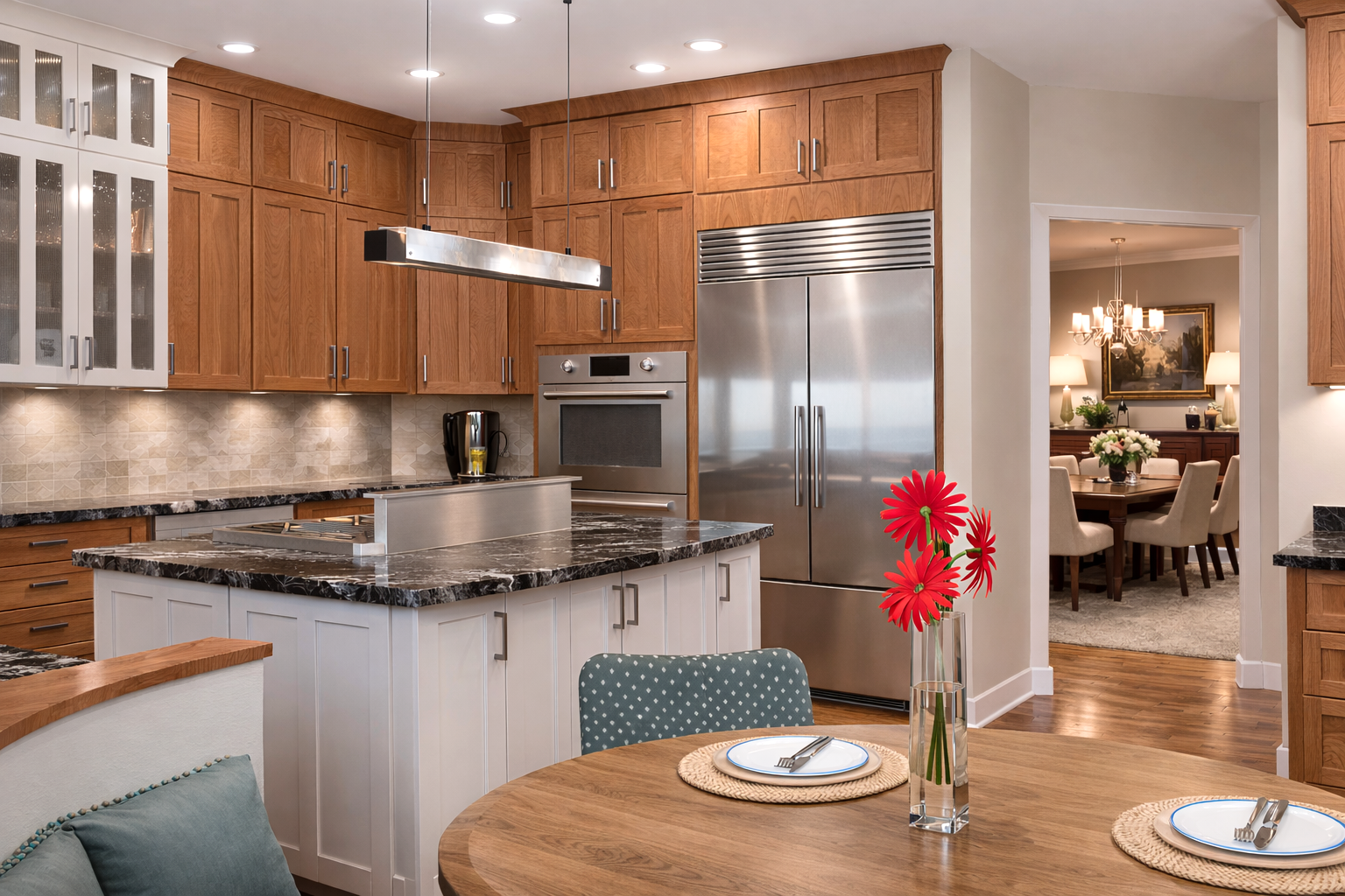 CRAFTSMAN STYLE, TWO TONE KITCHEN, BLACK QUARTZITE, STAR AND CROSS TILE, CHERRY CABINETS