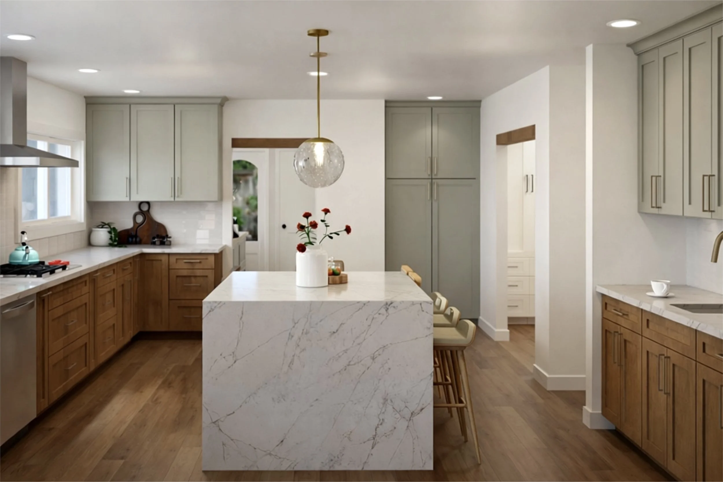 KITCHEN, FARMHOUSE KITCHEN, EVERGREEN FOG CABINETS, MAPLE CABINETS, WATERFALL ISLAND