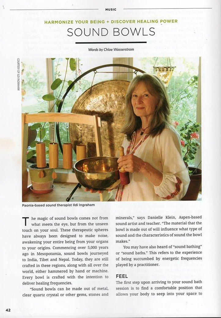 Ildi Ingraham, Certified Sound Healer in Colorado, with some of her Sound Healing instruments.
