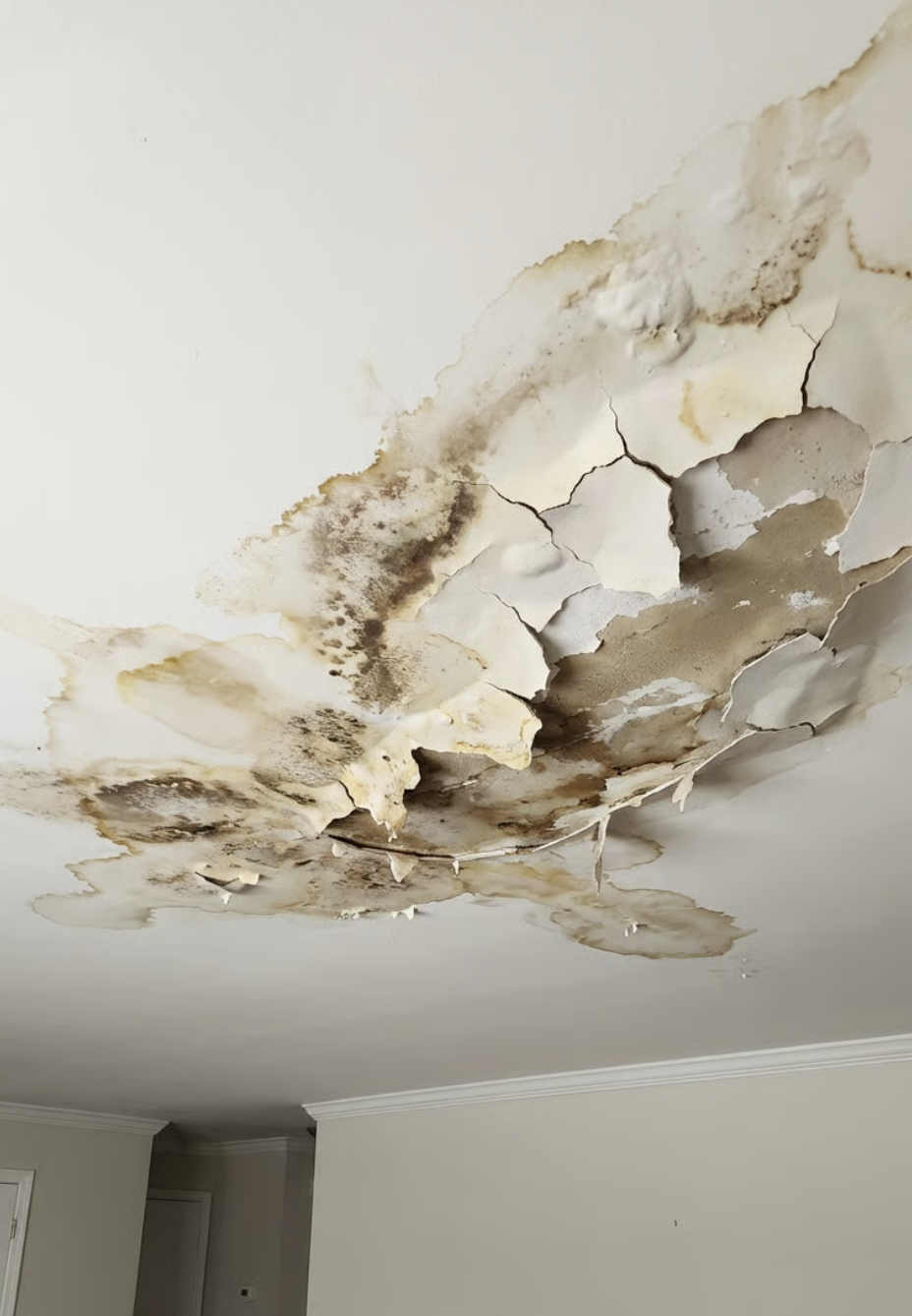 Ceiling with water damage, peeling paint, and mold
