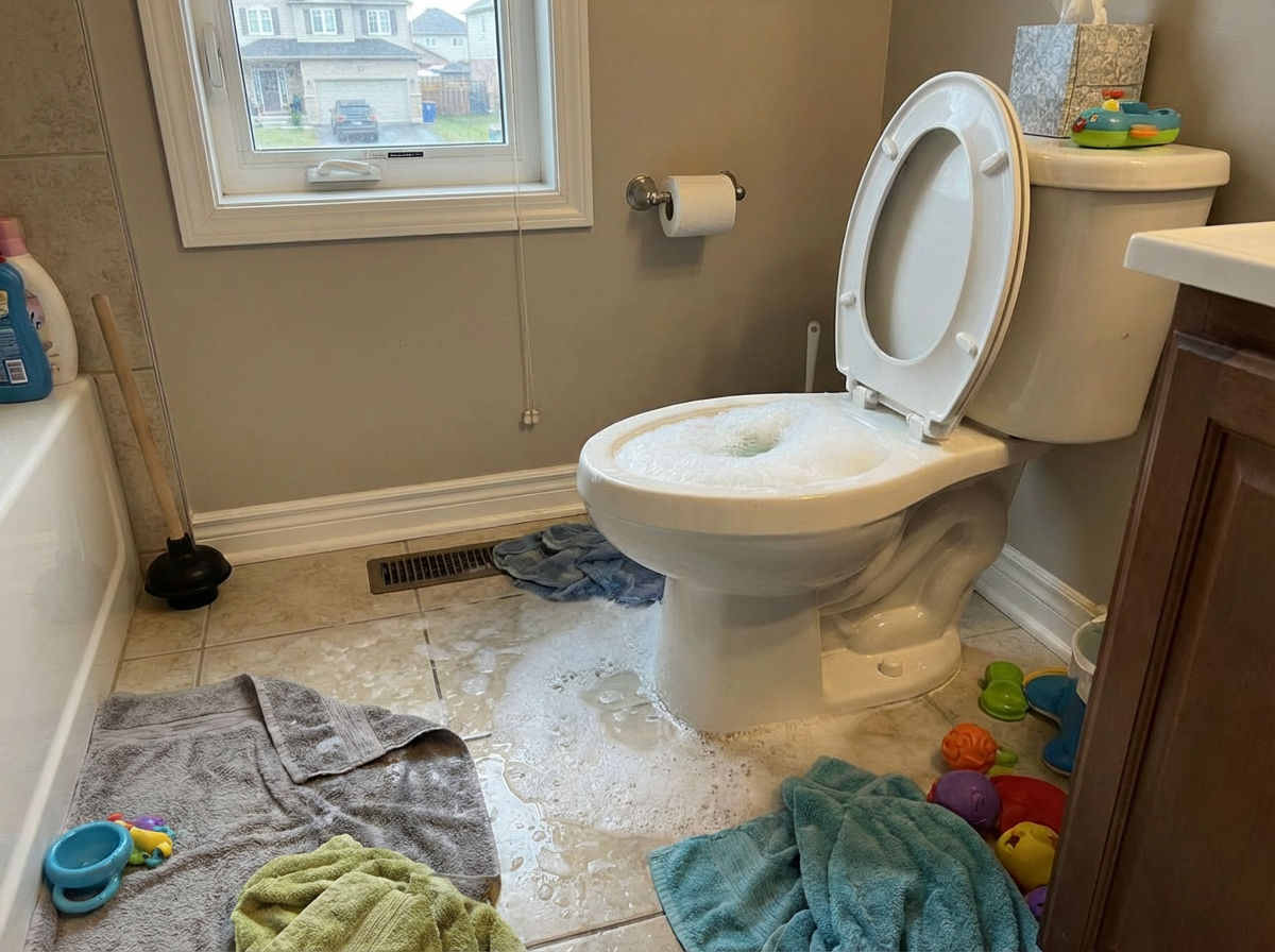 Foamy water spilled on bathroom floor around a toilet with open lid, surrounded by scattered children's toys, towels, and cleaning supplies.