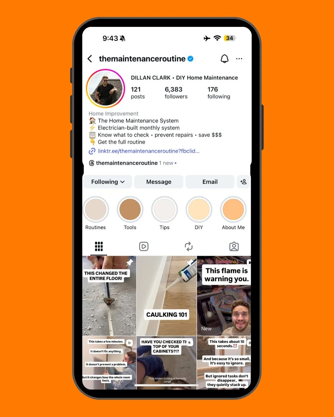 Screenshot of a social media profile for The Maintenance Routine, focusing on DIY home maintenance tips and tutorials.
