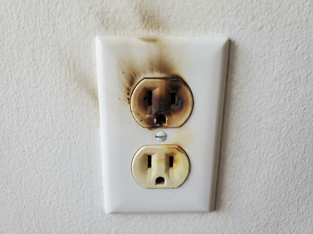 Burned electrical outlet with two sockets on a white wall.