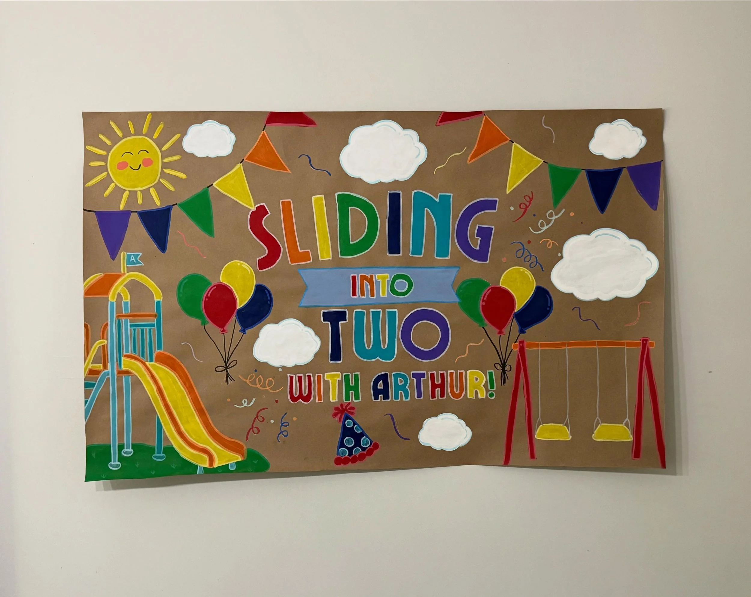 Another custom banner completed! 🎉

This hand-painted playground-themed birthday banner was created for a special little guy who&rsquo;s &ldquo;Sliding Into Two!&rdquo; 🌈🎈☀️

Each banner is completely custom designed and painted by hand to match y