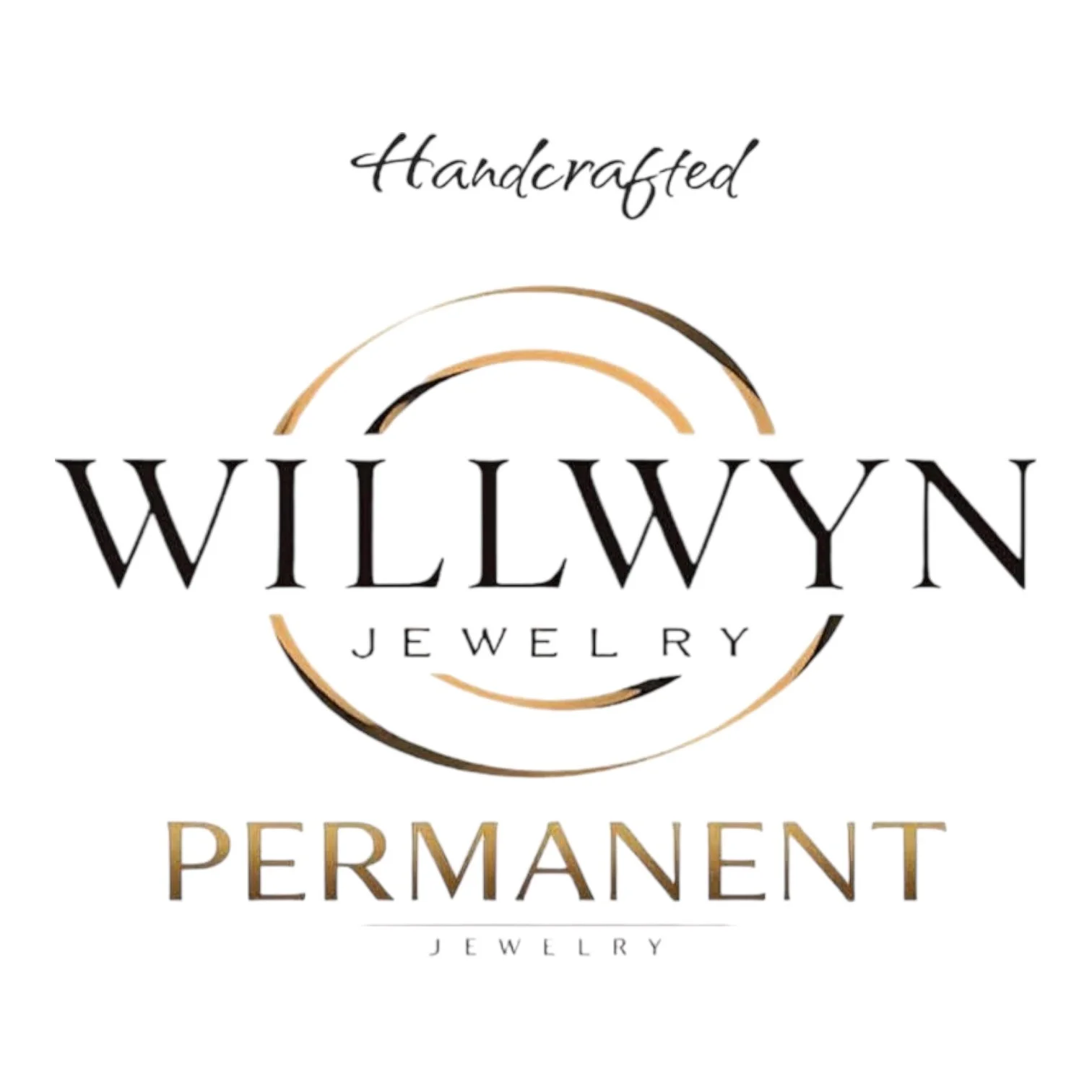 Logo for Willwyn Jewelry featuring the words 'Handcrafted', 'Willwyn', 'Jewelry', and 'Permanent Jewelry' with circular design elements.