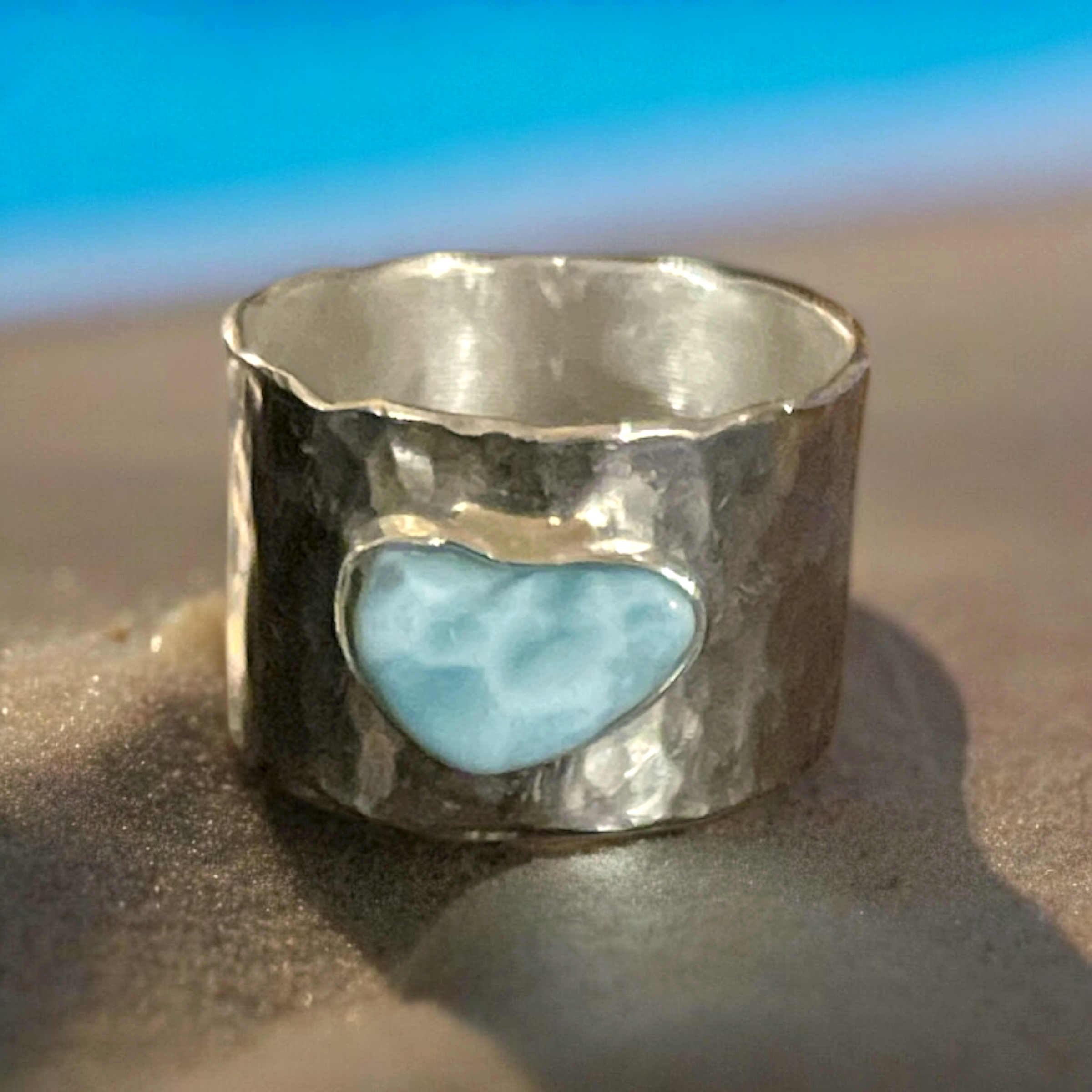 Example of WILLWYN's hand-fabricated, hammered-texture craftsmanship featuring genuine Larimar