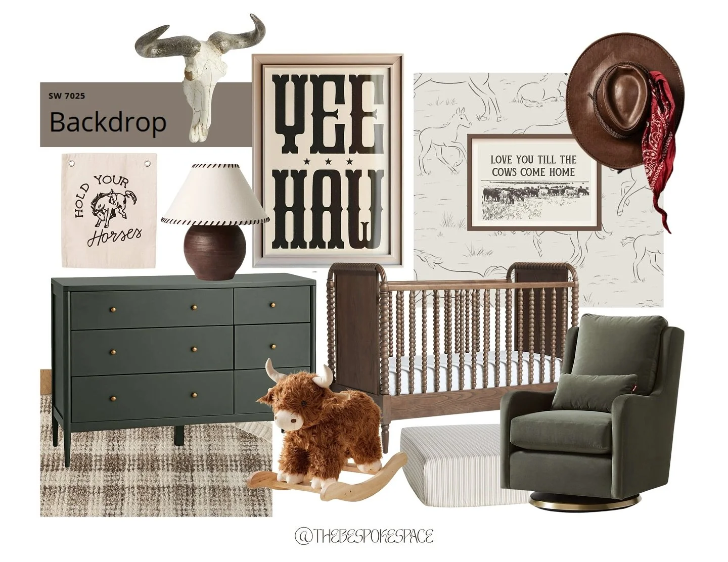 Moodboard Monday! 

One lamp, endless inspiration. I spotted this Studio McGee whipstitch lamp at Target, and knew it deserved its own room. Out trotted this Western-inspired nursery: subtle horse-sketch wallpaper, a walnut spindle crib, deep-olive d