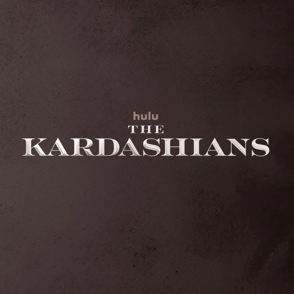 The cover image for the show 'The Kardashians' on Hulu with a dark background and silver text.