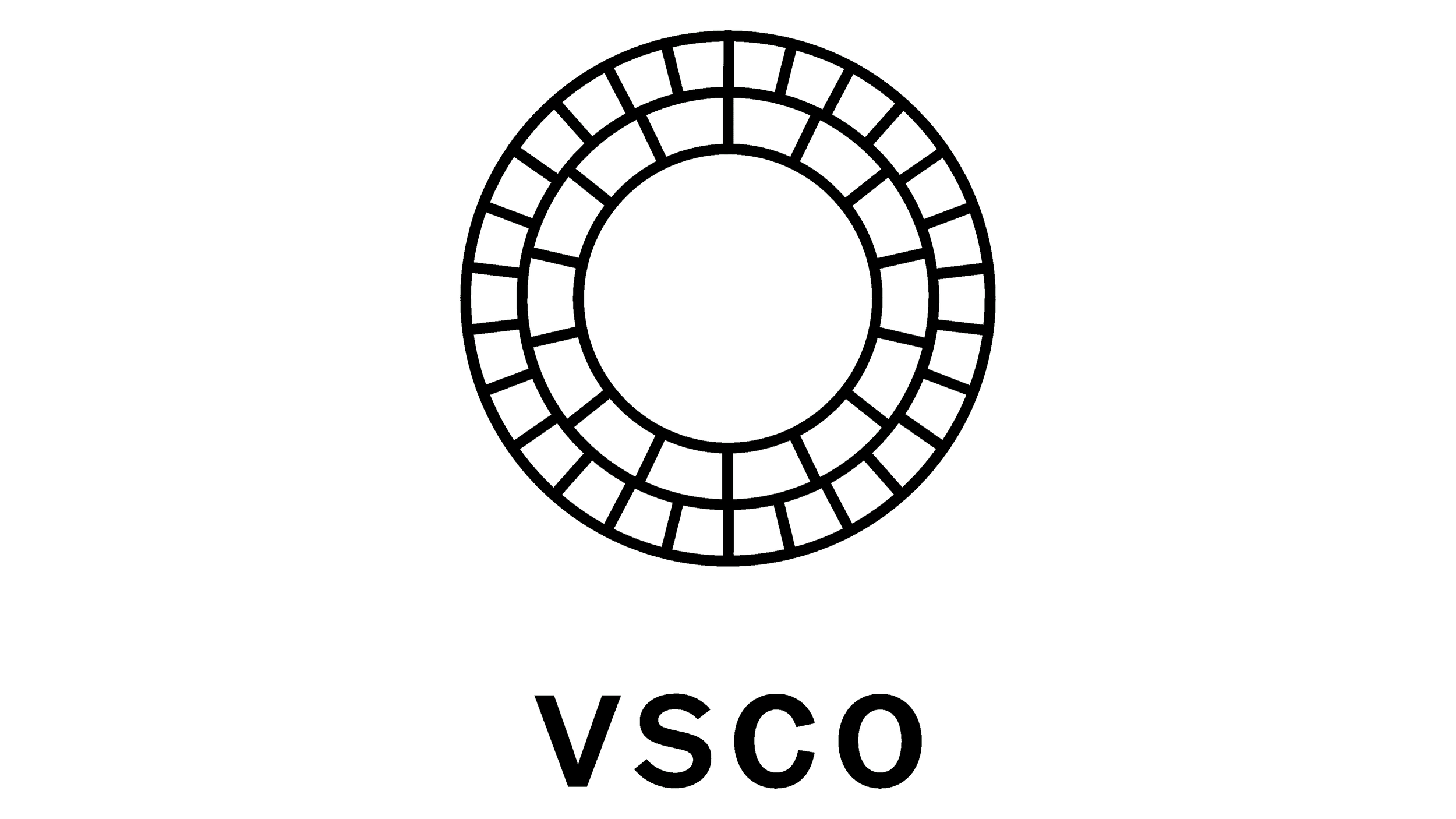 A digital graphic showing a circular design with the letters 'VSCO' at the bottom. The design has concentric circles and rectangular sections, resembling a modern logo.