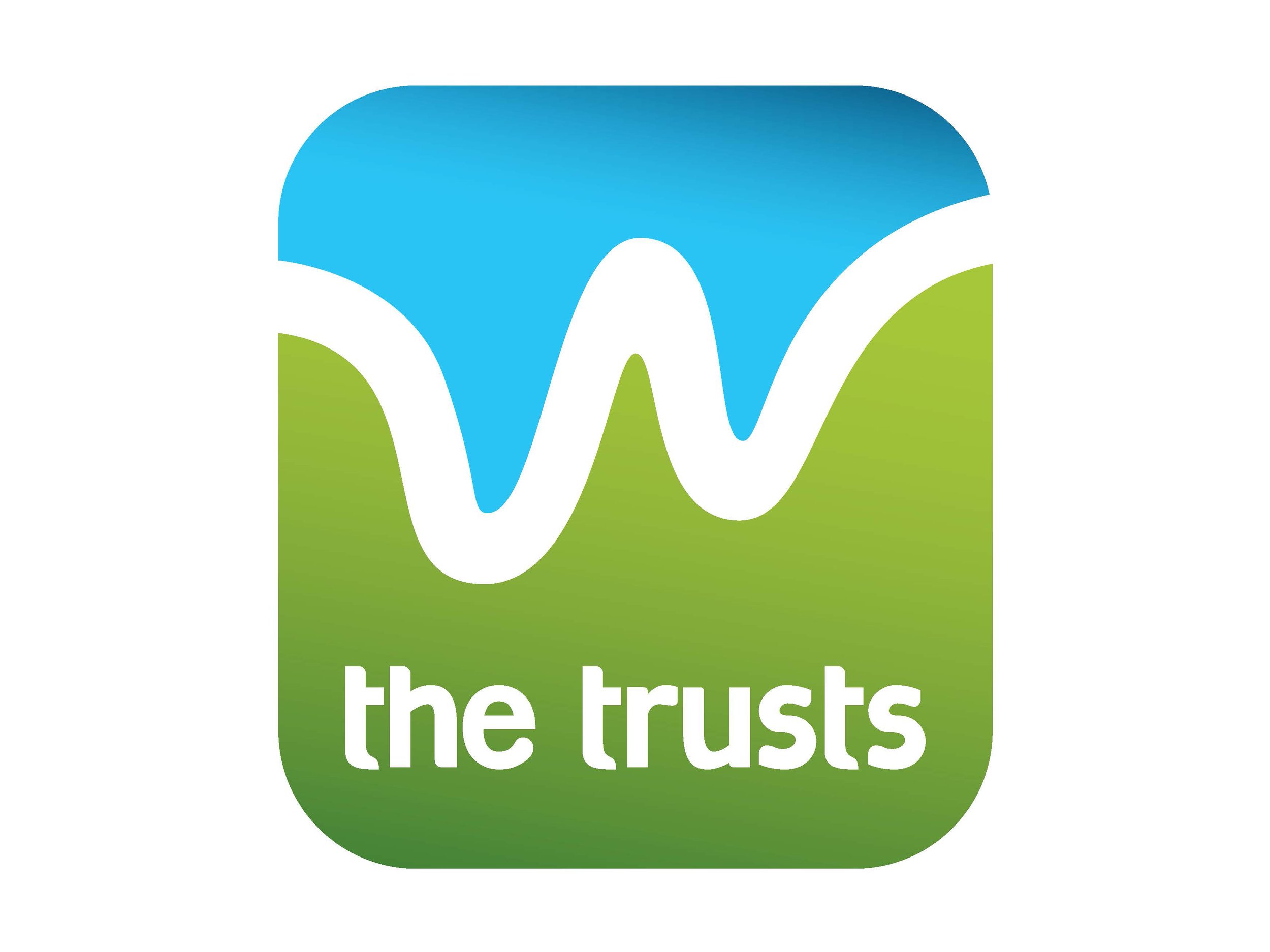 Logo with stylized "W" and text "the trusts" on a blue and green background.
